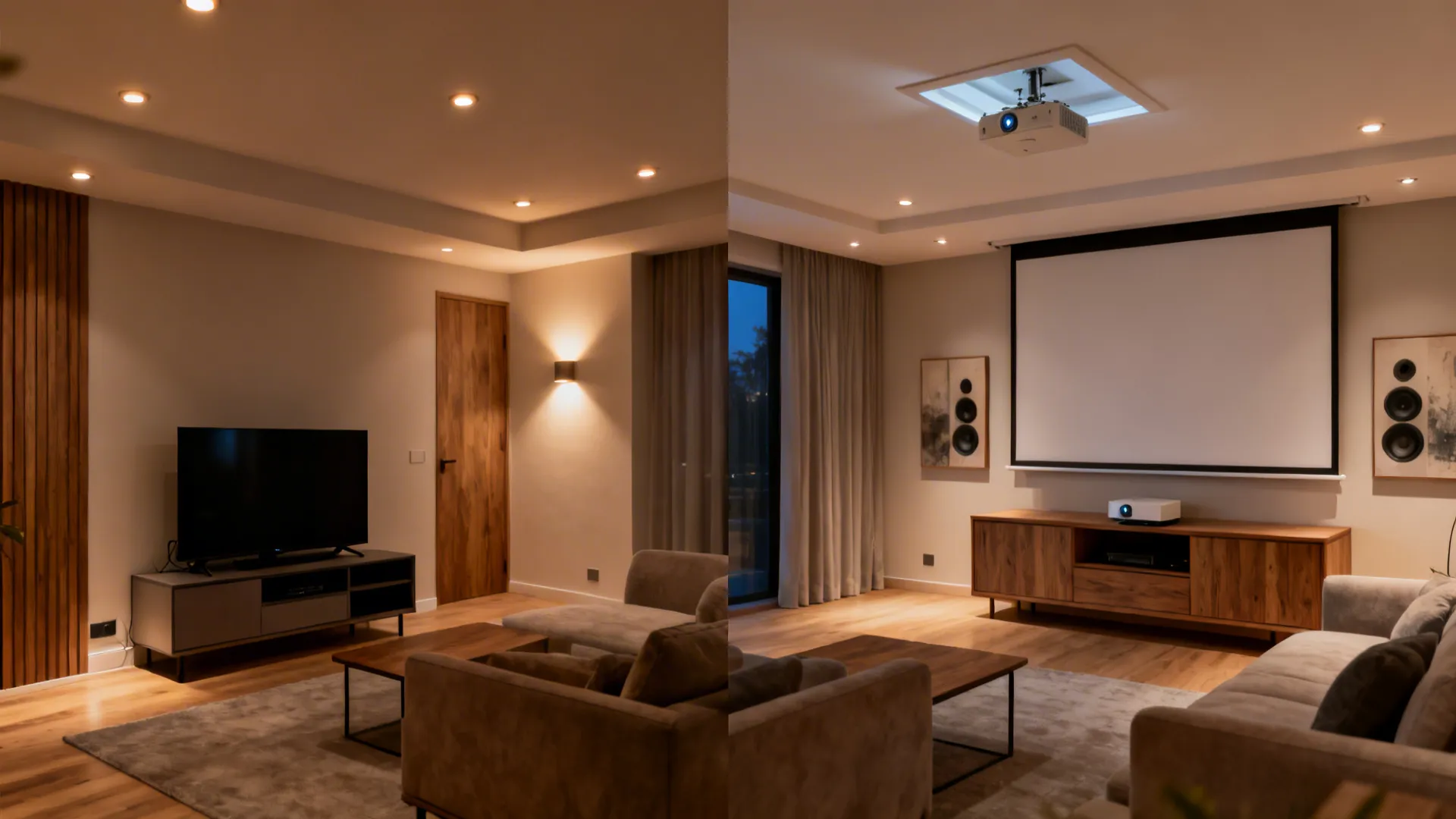 Before-and-after comparison: TV console replaced by hidden projector and recessed screen in a calm living room.