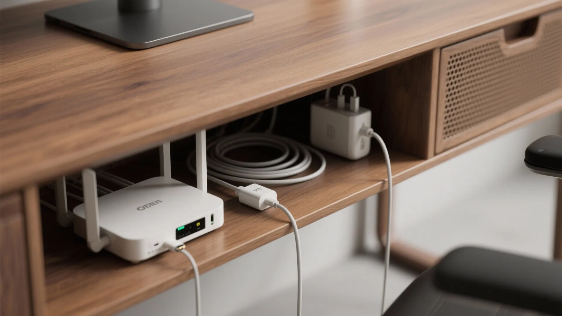 Close up of wooden desk with hidden cable management storage containing router and power wires