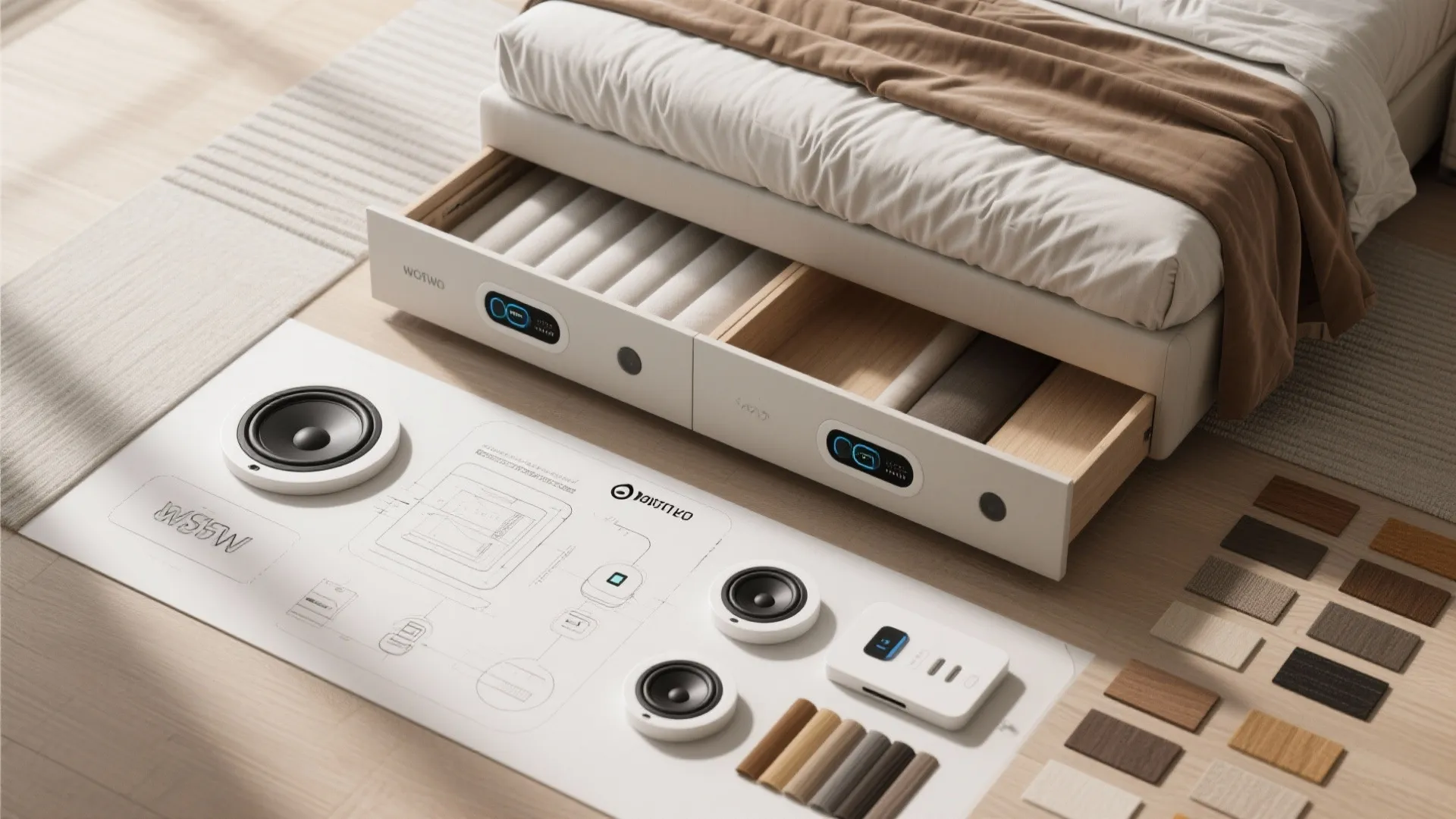 Bed with open storage drawer showing electronic speakers and interior design drawings with material samples