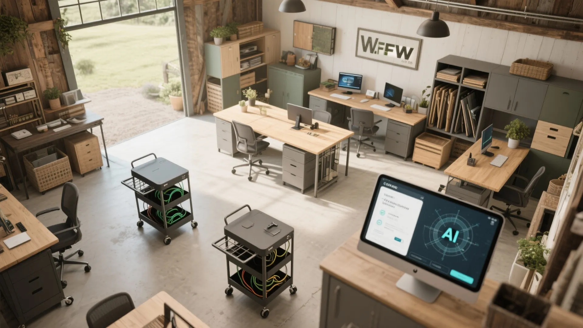 Modern open office interior with wooden desks, black chairs, rolling equipment carts, and green storage cabinets
