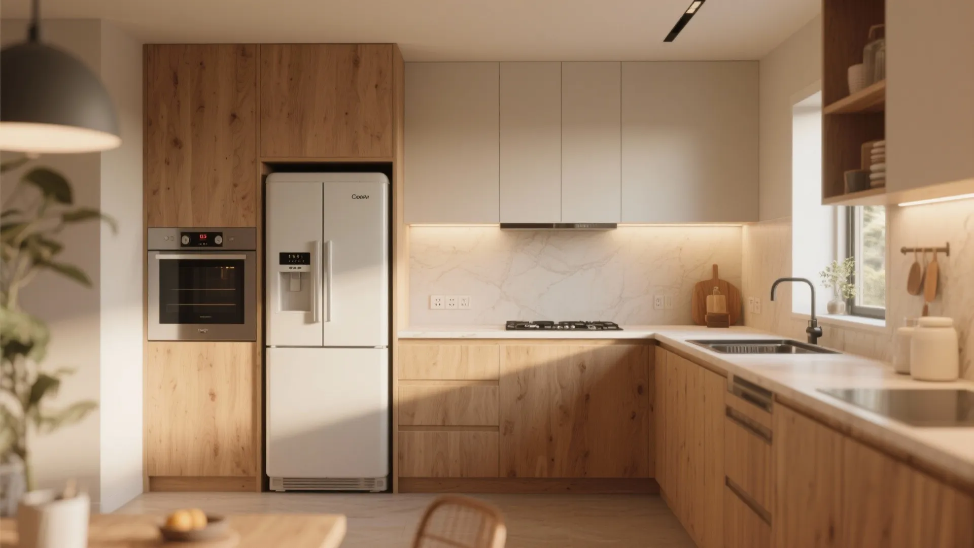 Modern kitchen design with light wood cabinets, white refrigerator, built-in oven, and white stone wall