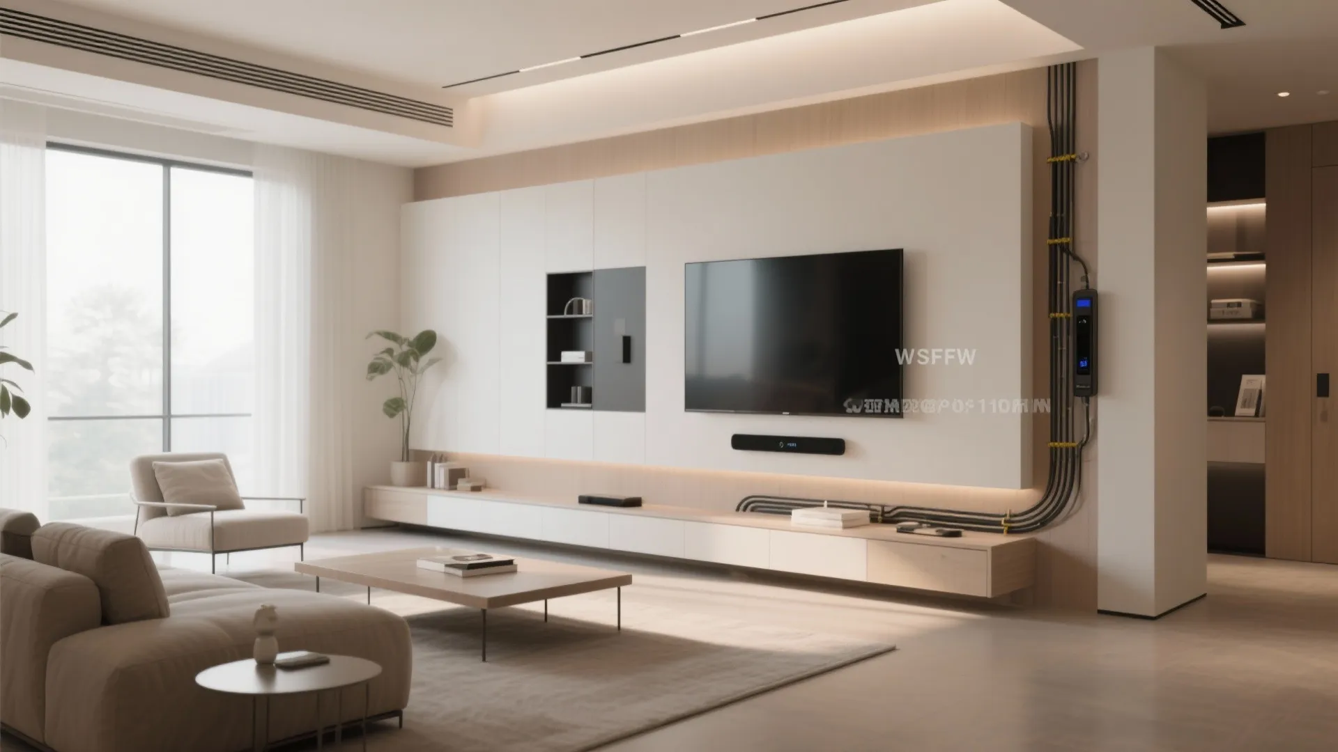 Modern living room featuring a television mounted on a white wall cabinet with visible wiring