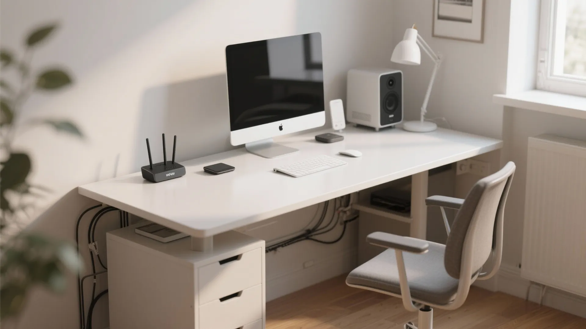 Minimalist desk with hidden cables and wireless devices in a small office