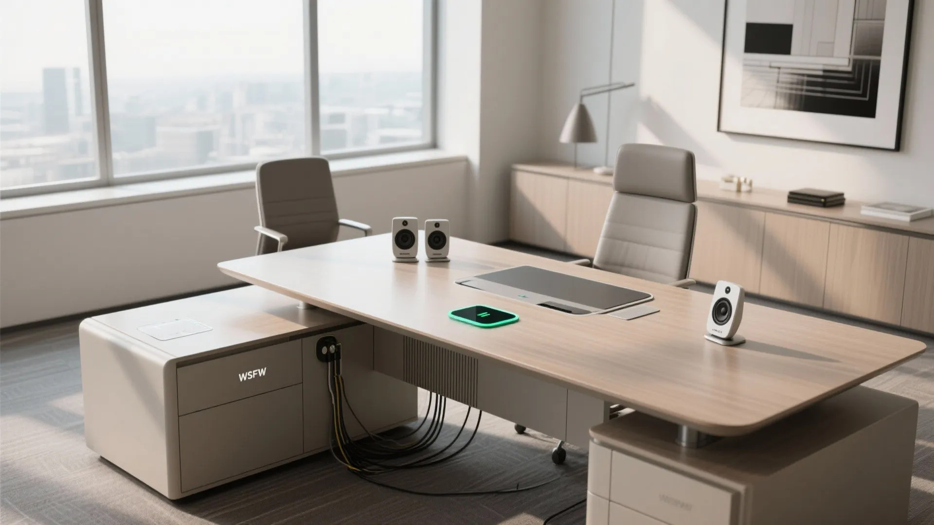 Modern wooden office desk featuring small speakers, digital device with green light, and grey chairs