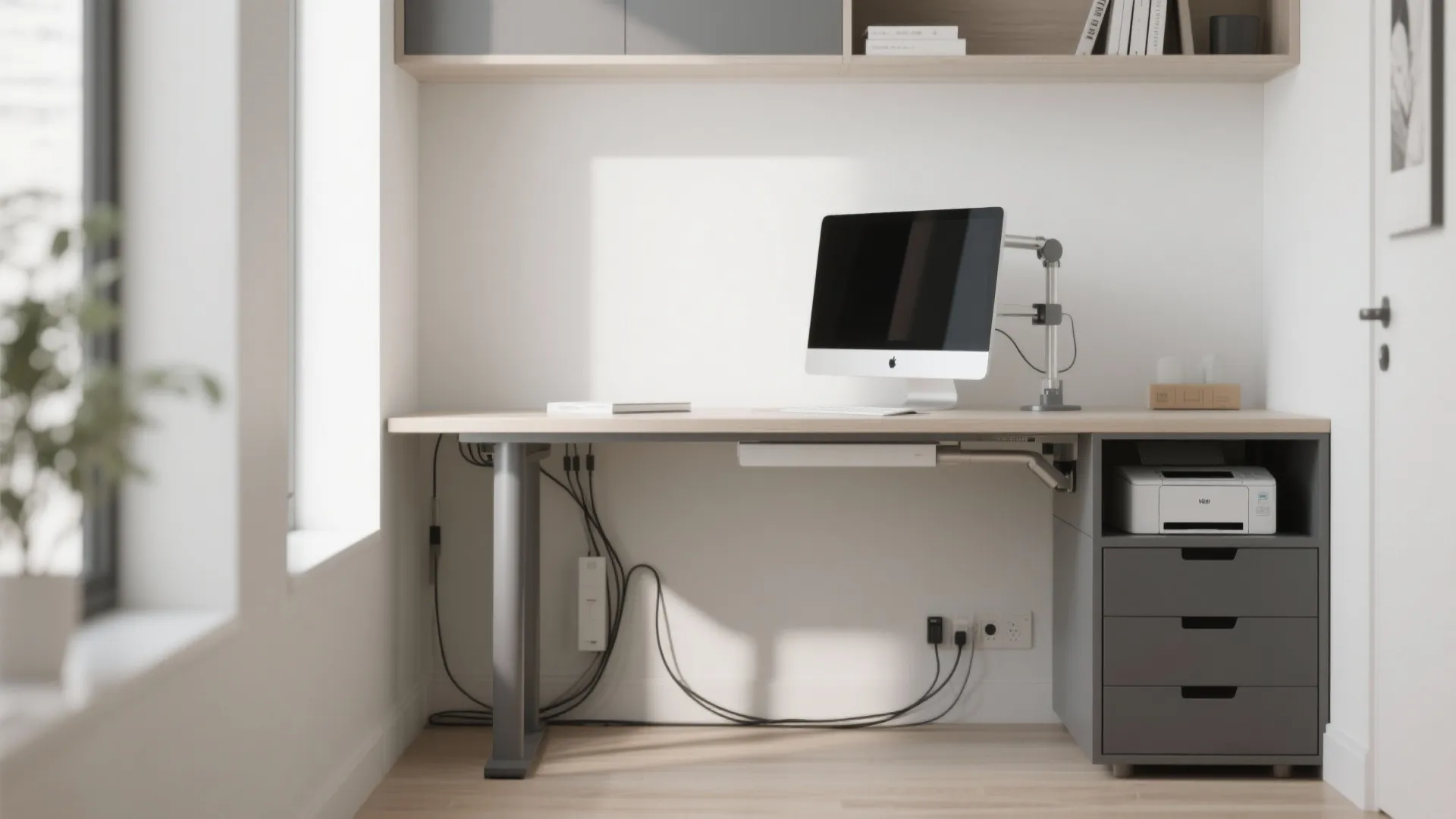 Modern home office desk with computer monitor grey drawers printer and organized cables under sunlight