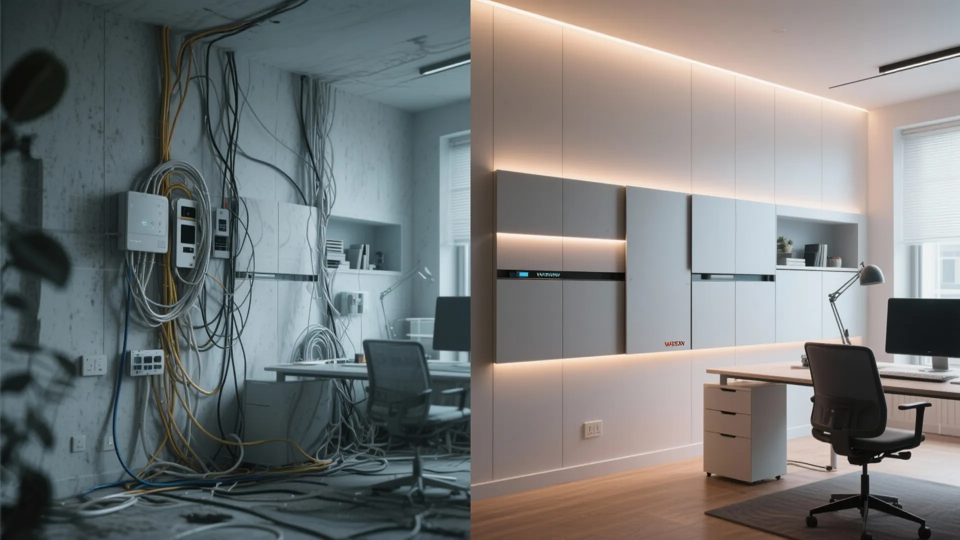 Before and after comparison of messy wall wires hidden behind clean white wall panel boards