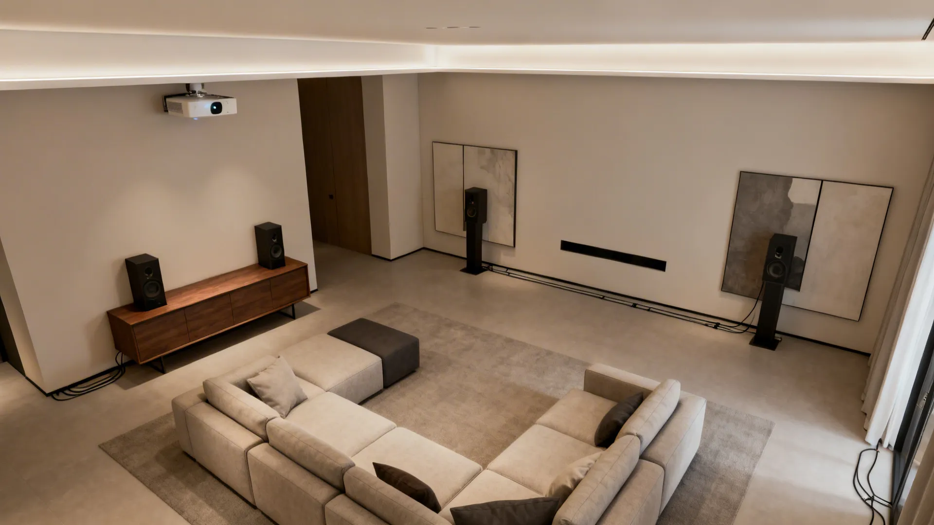 Top-down plan showing a hidden projector in a credenza, recessed screen line, and discreet speakers.