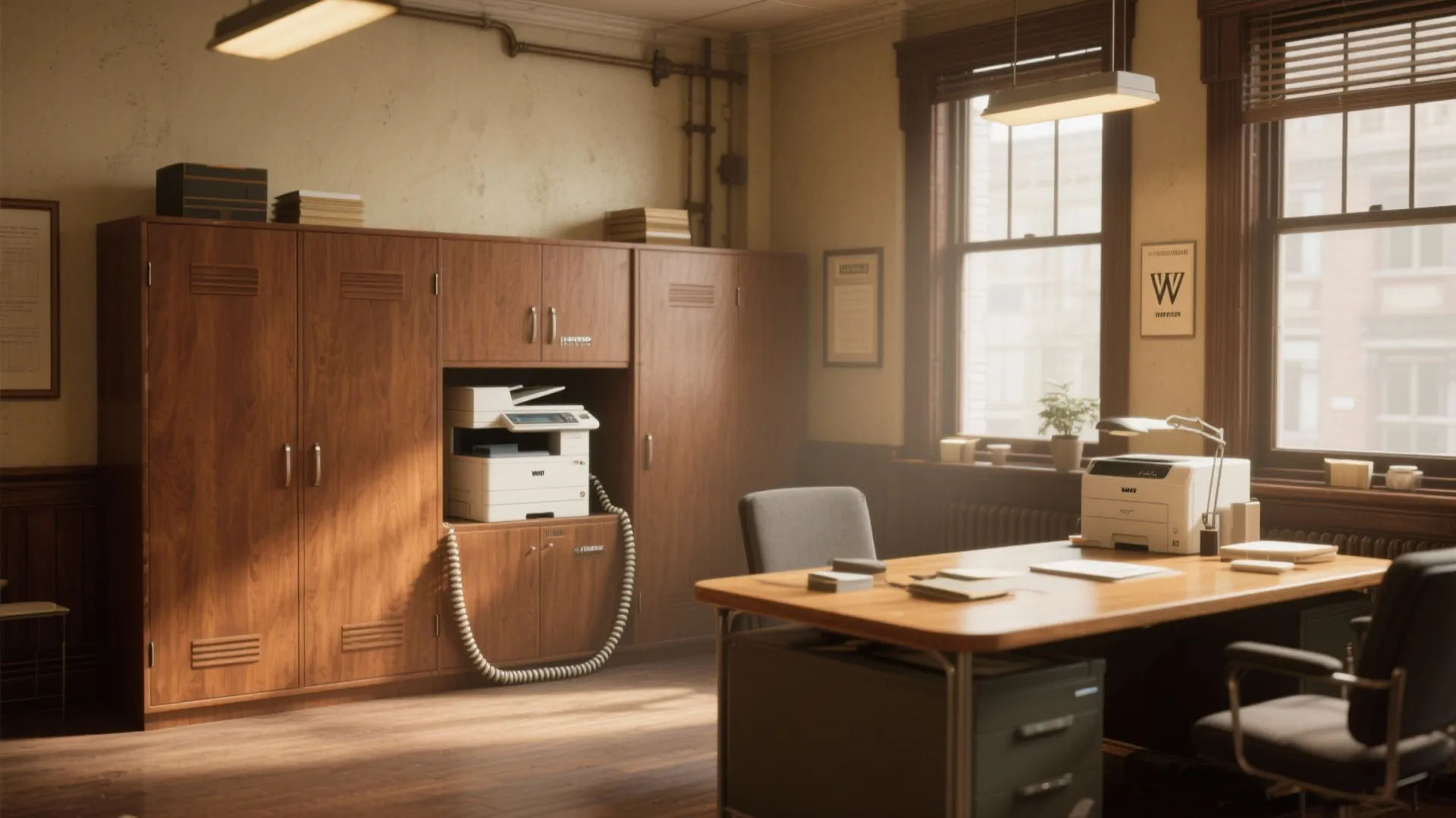 Traditional office space featuring wooden cabinet with printer desk chair and bright windows in background