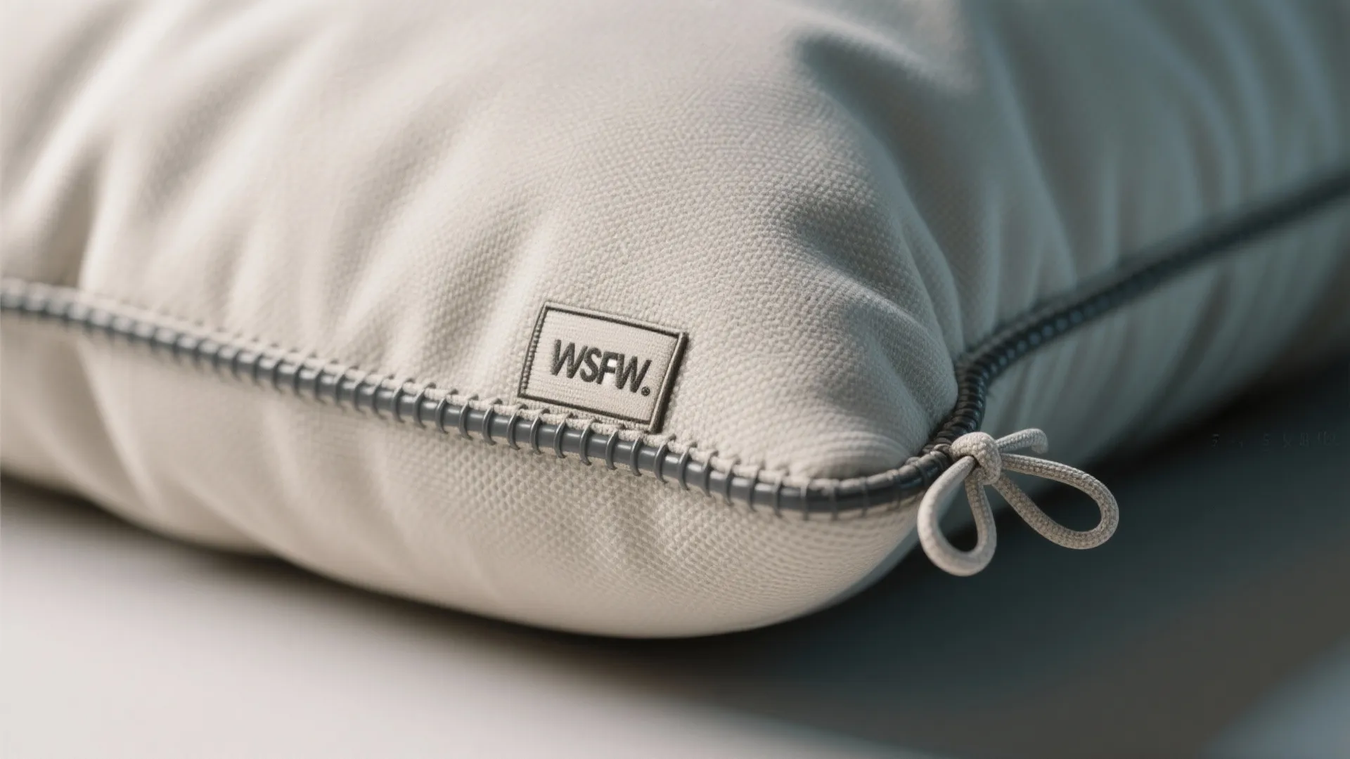 White cushion close up showing brand label and grey zipper with a small knotted cord