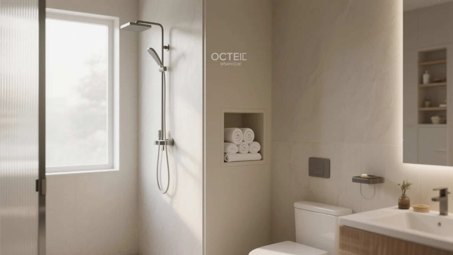 Modern bathroom featuring shower head window wall niche with rolled towels white toilet and sink