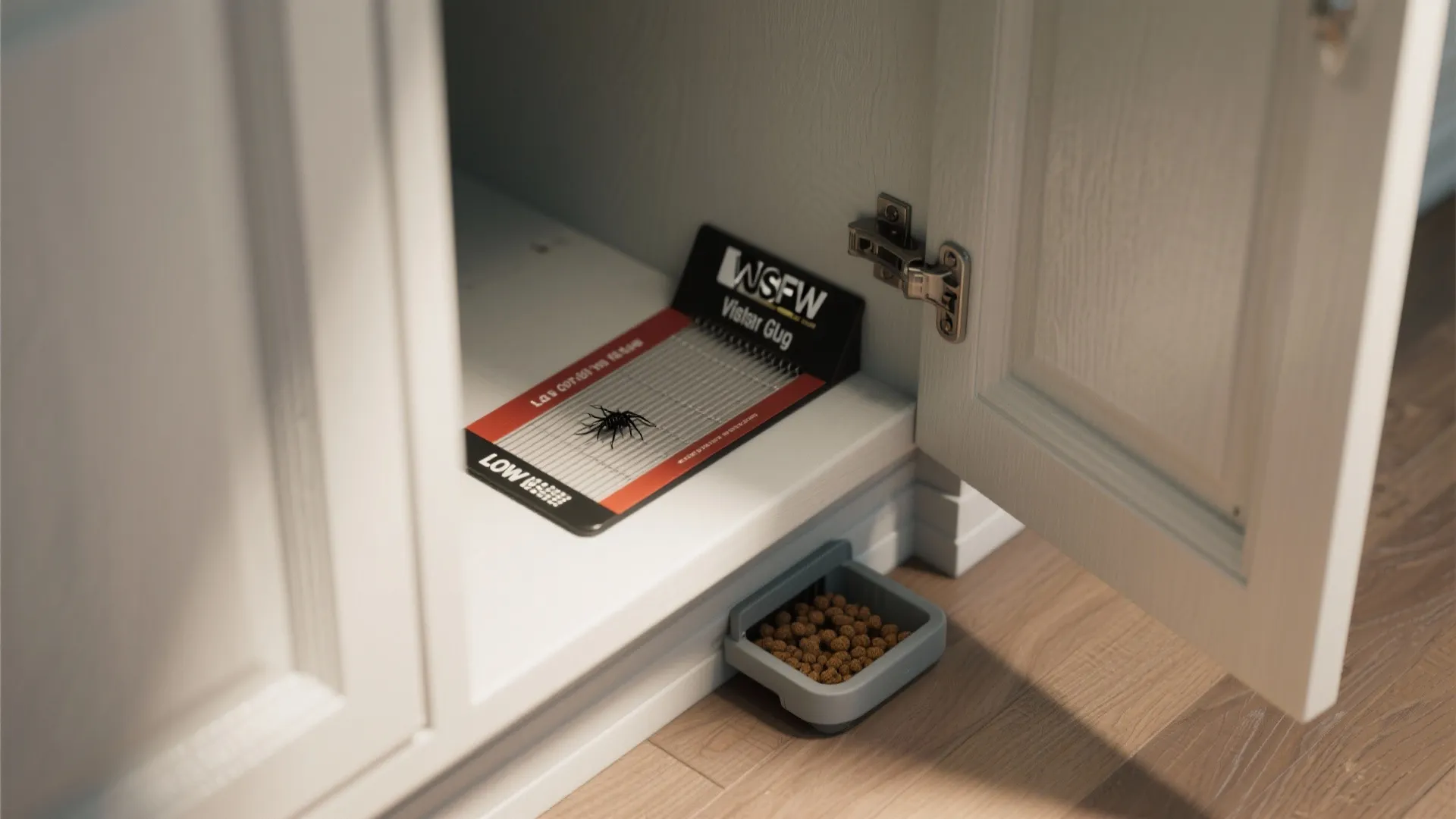 Sticky bug trap placed inside white kitchen cabinet near a small bowl of pet food