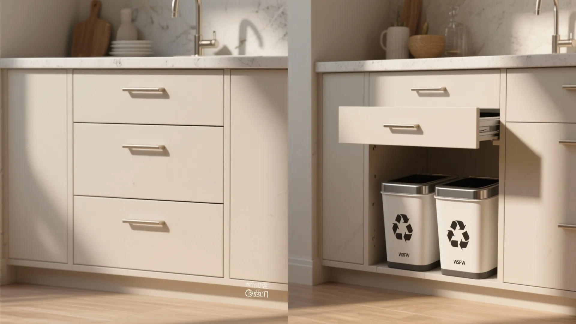 3. Hidden Trash and Recycling Behind the Bottom Drawer