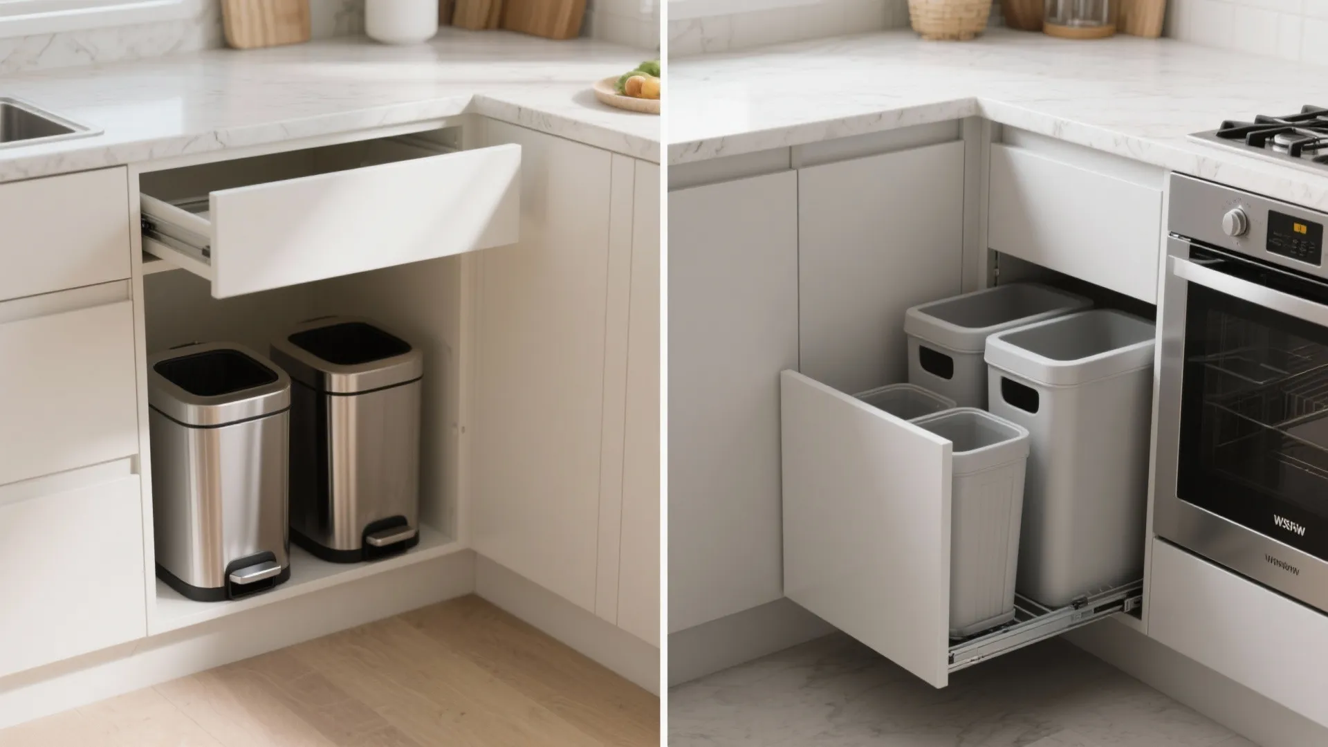 Two different kitchen cabinet designs showing pull out storage for metal and plastic trash bins