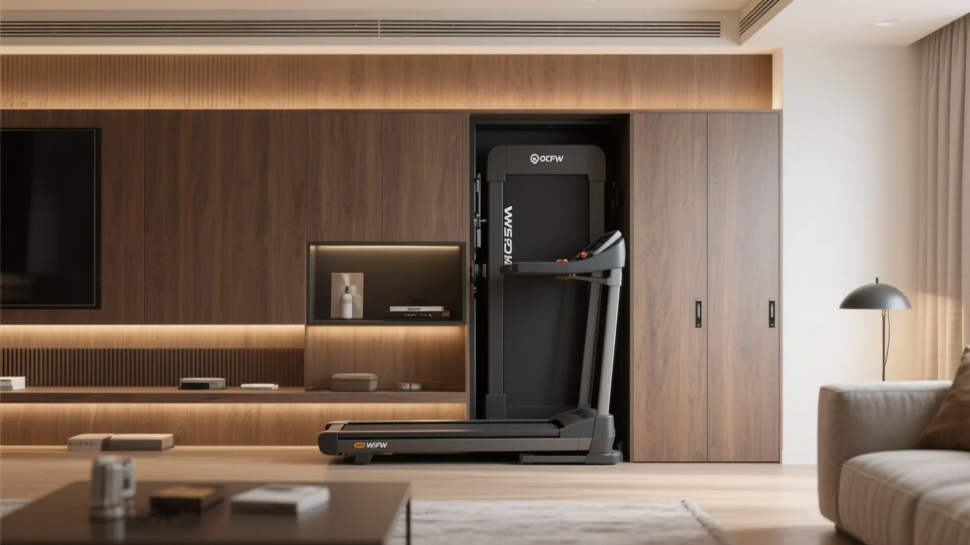 Treadmill hidden behind a media console door in a modern living room.