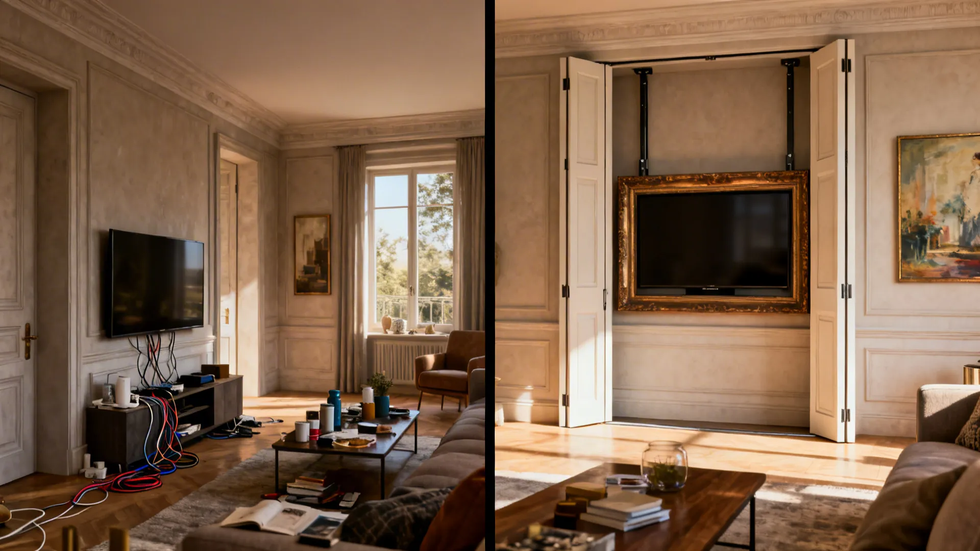 Before and after: visible TV with cables and the same space with TV hidden behind art frame