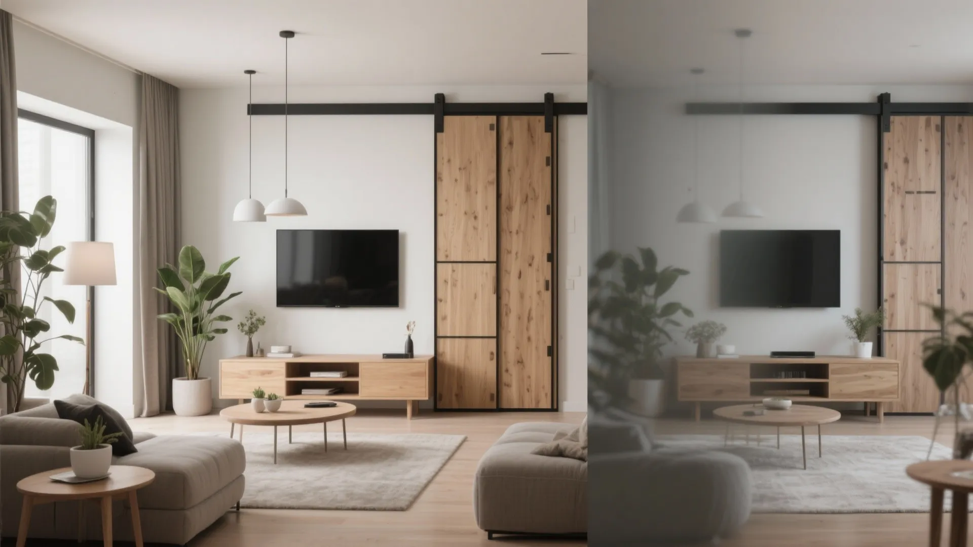 Sliding cabinet concealing TV in small living room