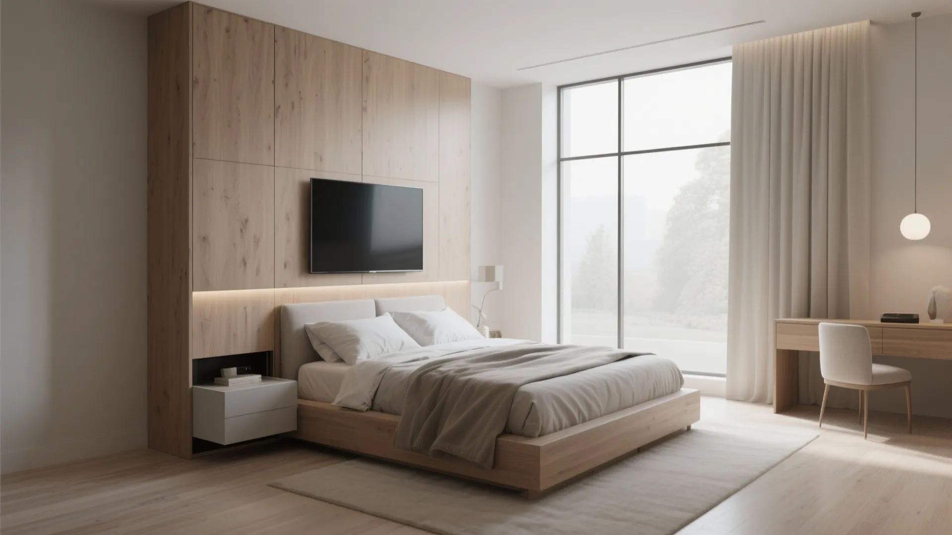 Modern bedroom with television on wooden wall cabinet and small desk with a white chair