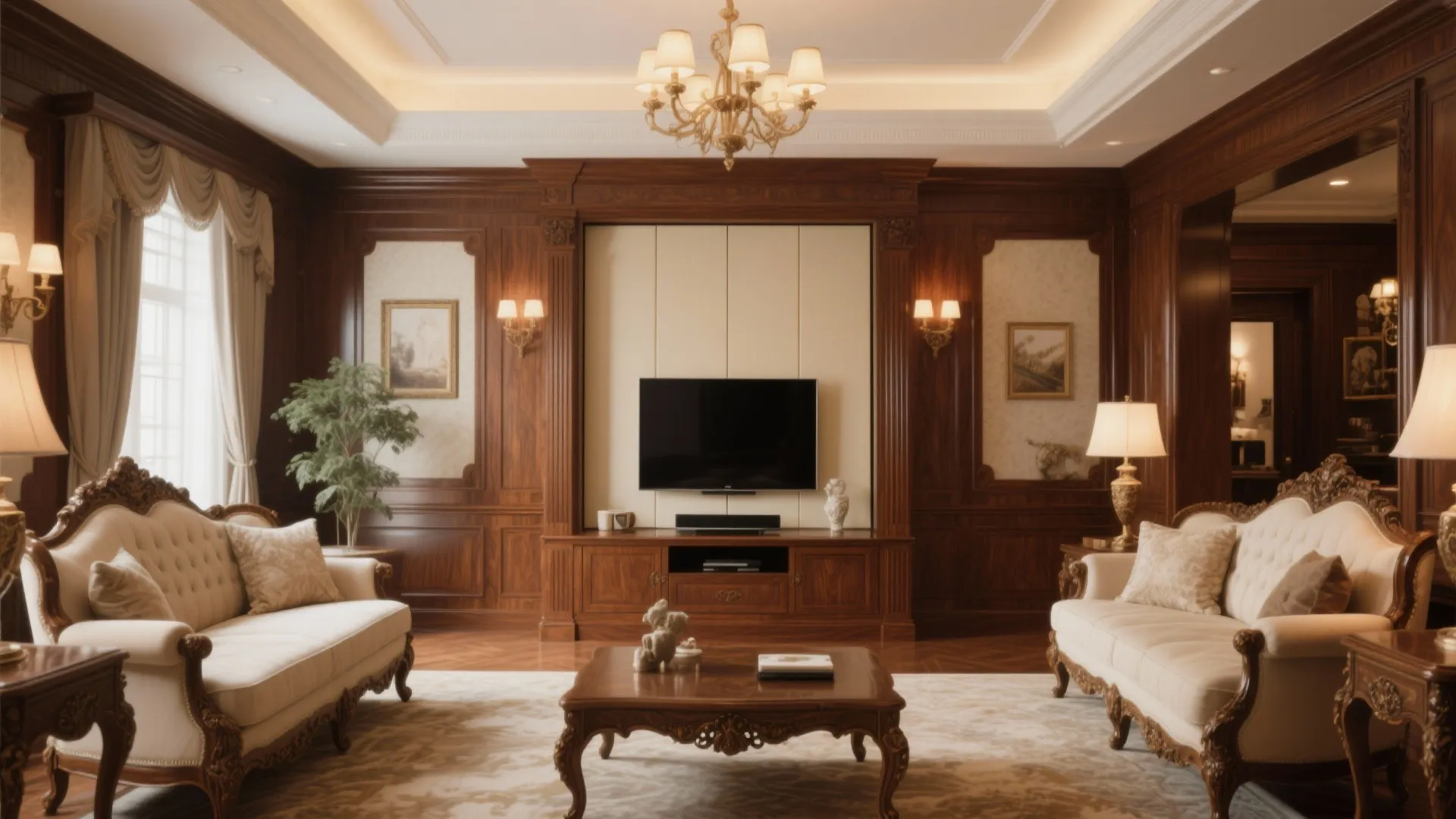 Classic living room with dark wood wall panel, two white sofas, coffee table, ceiling light
