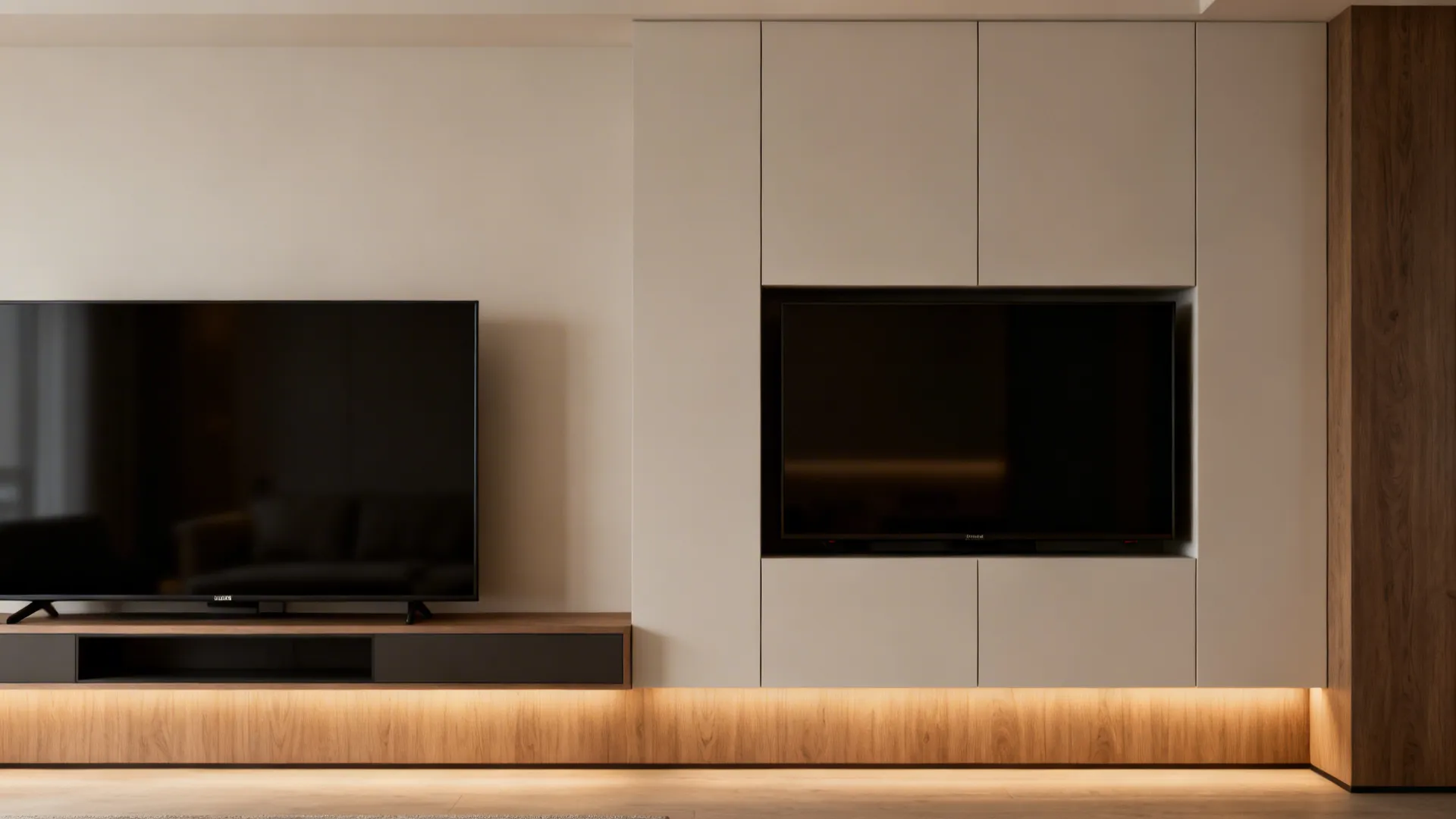 Before and after: visible 40-inch TV versus the same TV hidden behind cabinet doors