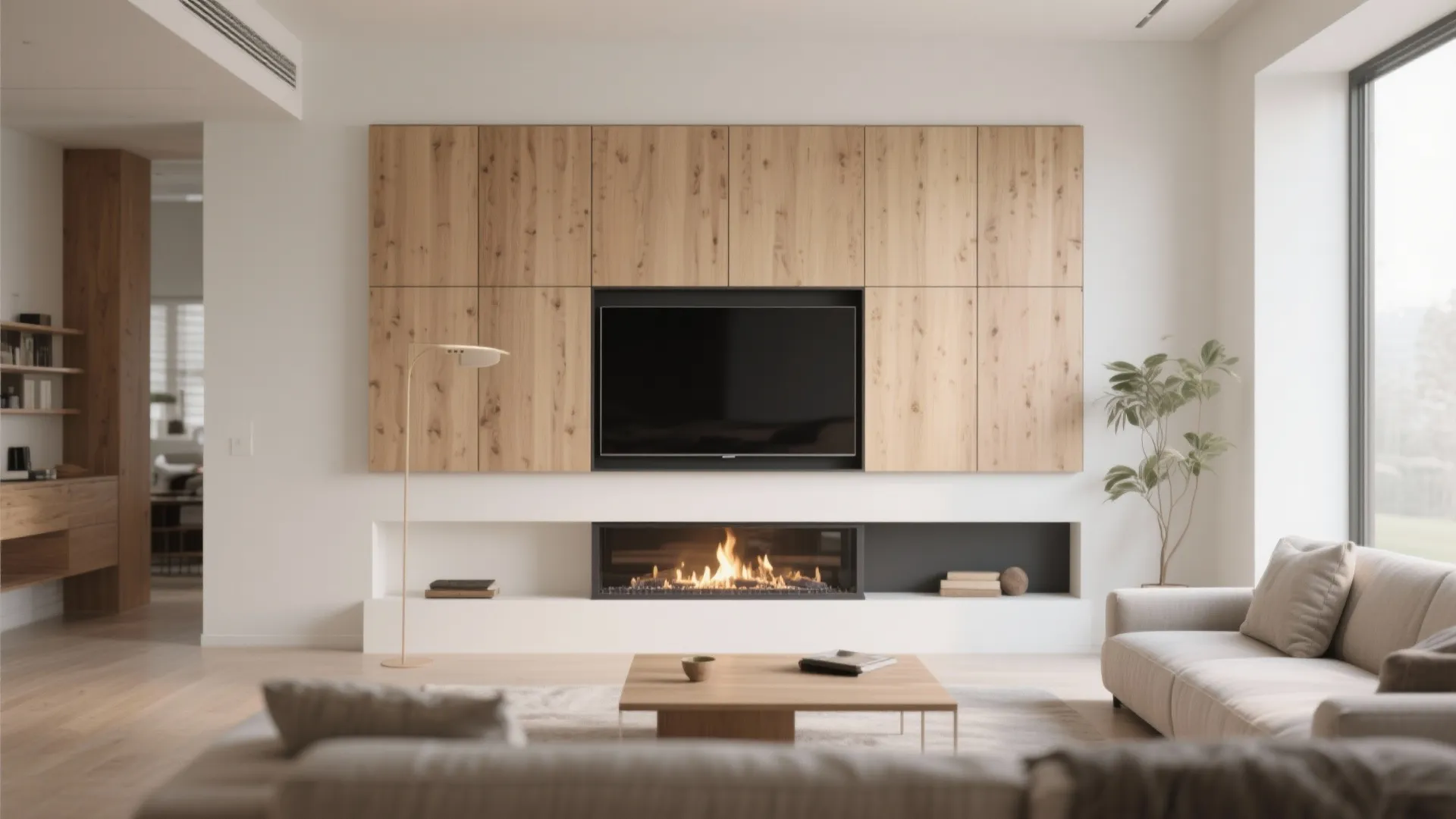 Contemporary living room with wood wall panels surrounding a television and a modern linear fireplace