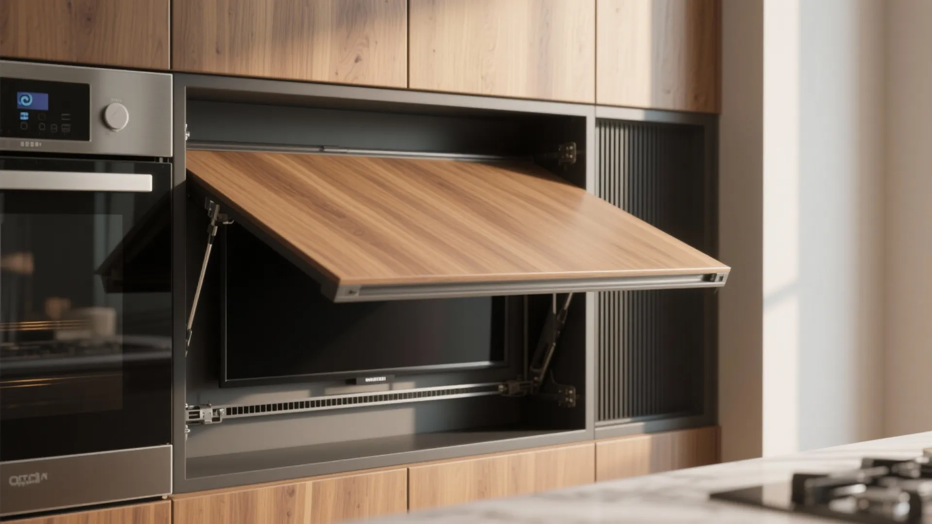 Kitchen cabinet with wooden door that lifts up to reveal a hidden television screen inside