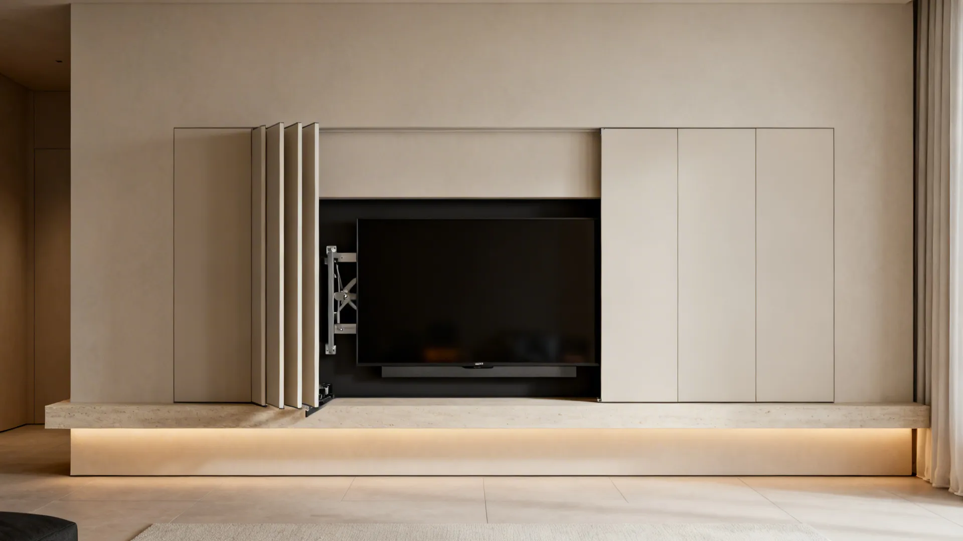 Minimalist fireplace wall with a TV concealed behind sliding panels and a visible lift mechanism.