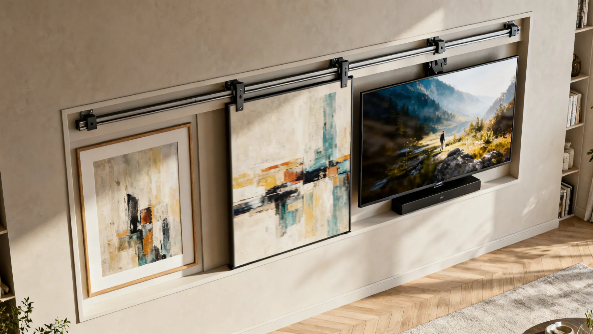 Sequence showing a sliding panel and motorized lift revealing a hidden TV behind an art wall.