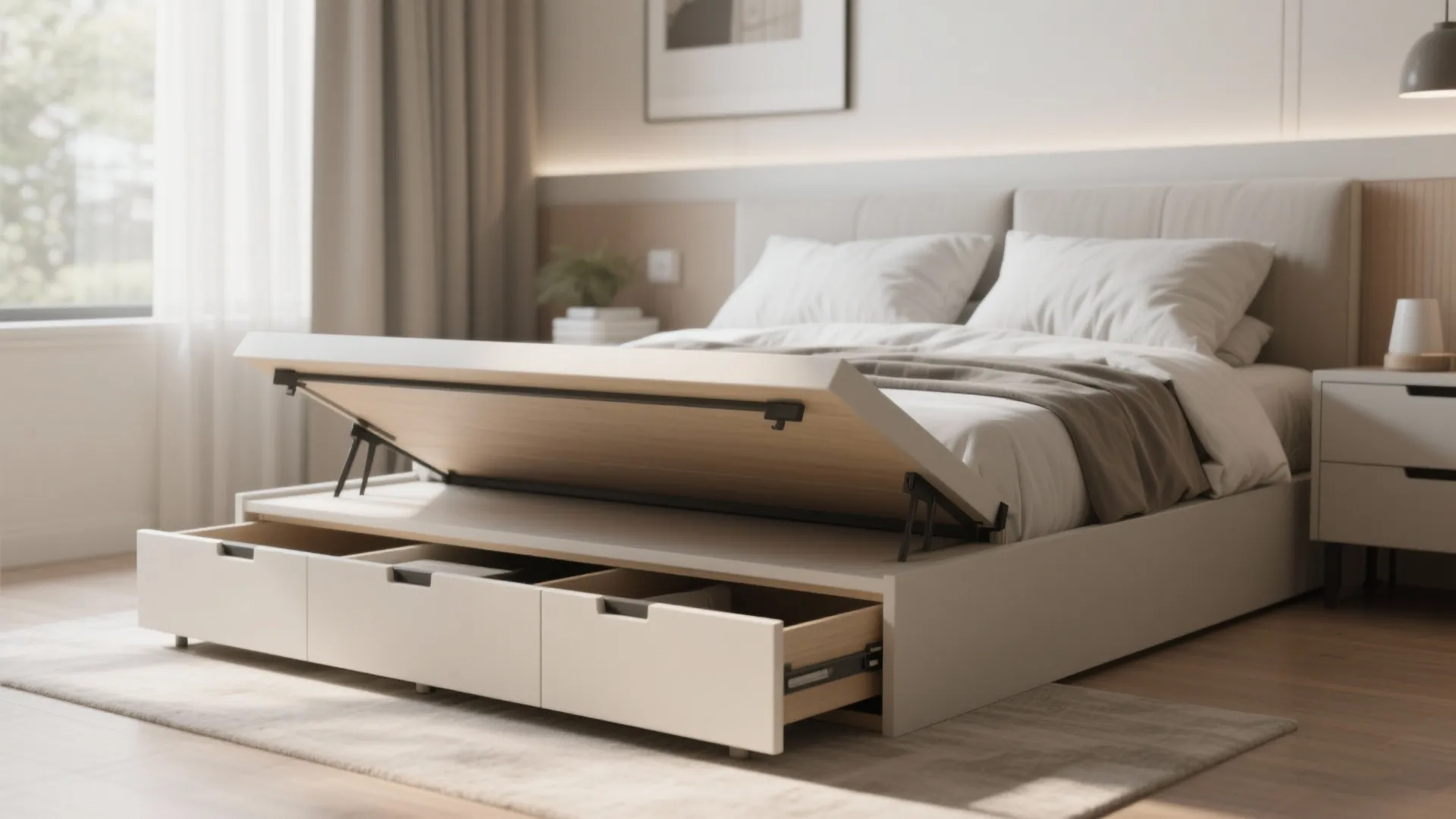 Lift-up bed revealing organized under-bed storage space