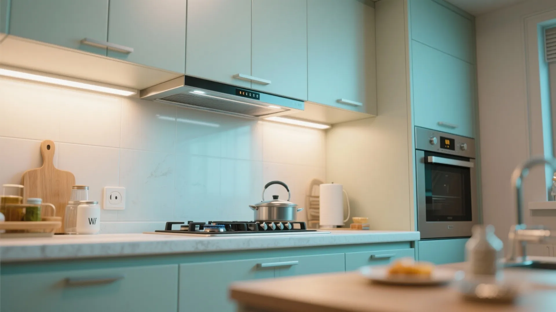 Modern kitchen with hidden stove hood under white cabinets above gas cooktop and metal kettle