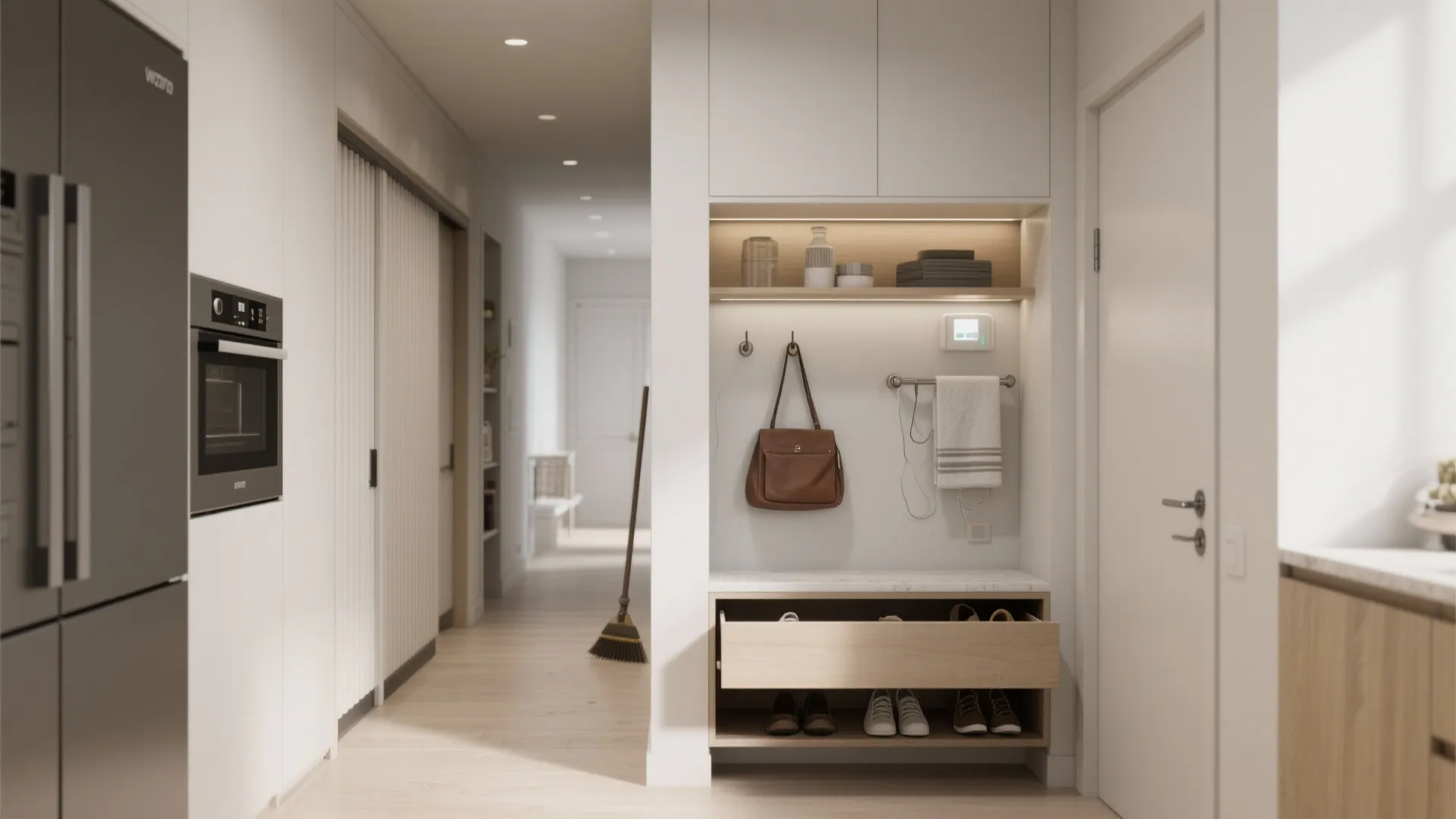 Modern white hallway entry with wood shoe cabinet built in storage bag hooks and light