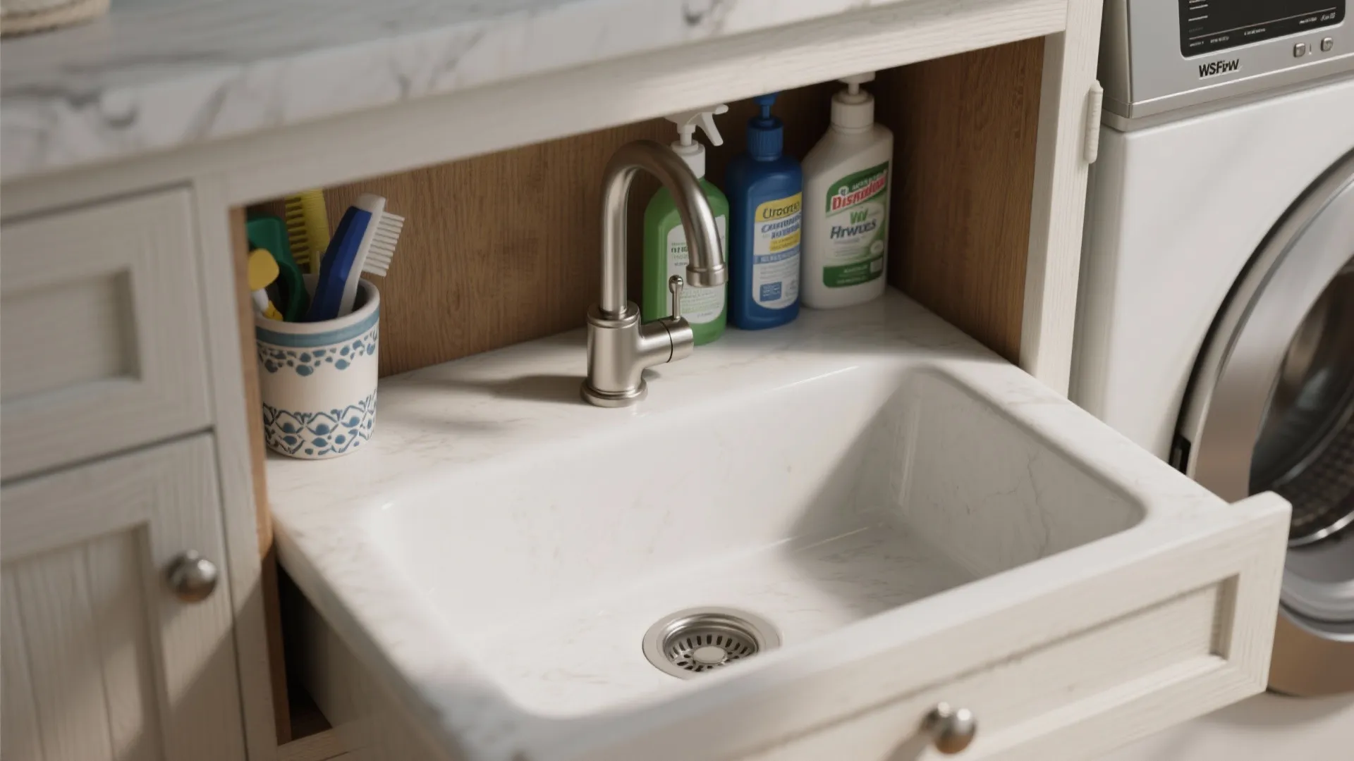 Small white sink pulled out from a cabinet drawer next to a white washing machine appliance