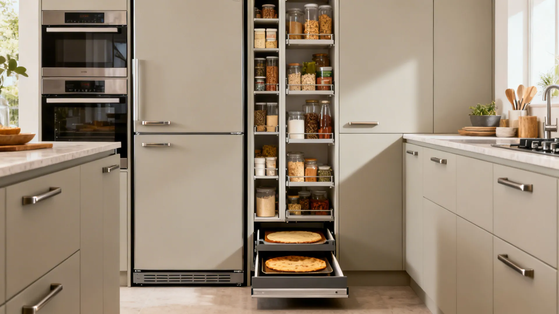 Parallel kitchen showing appliance garage, tall pullout pantry, and toe-kick drawers for baking sheets.