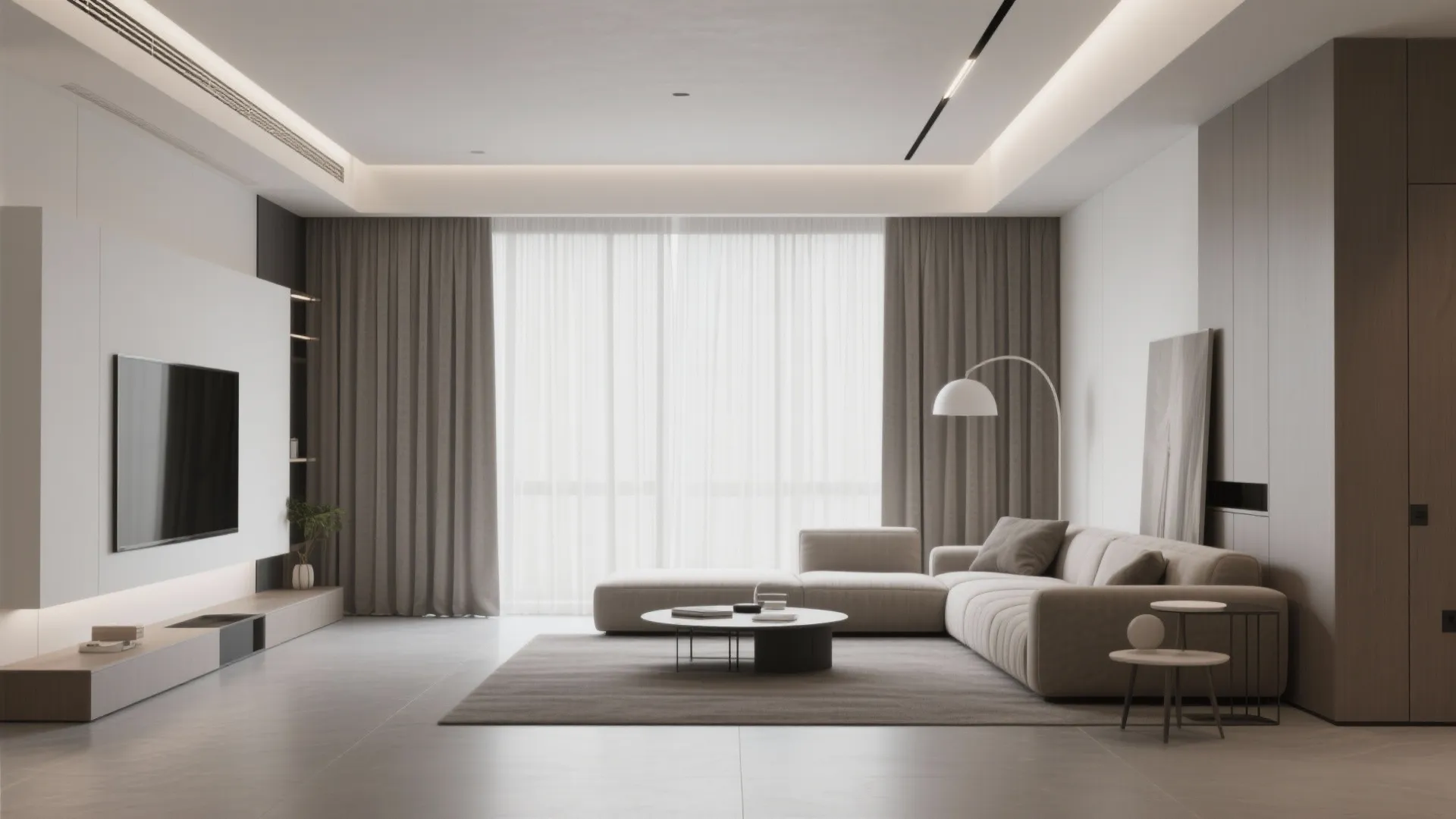Modern minimalist living room with floor-to-ceiling curtains and hidden valance