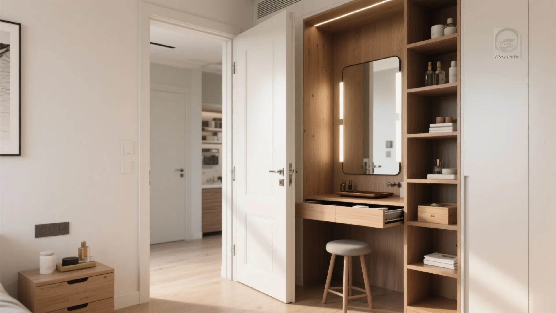 Integrated Vanity Behind a Mirrored Door