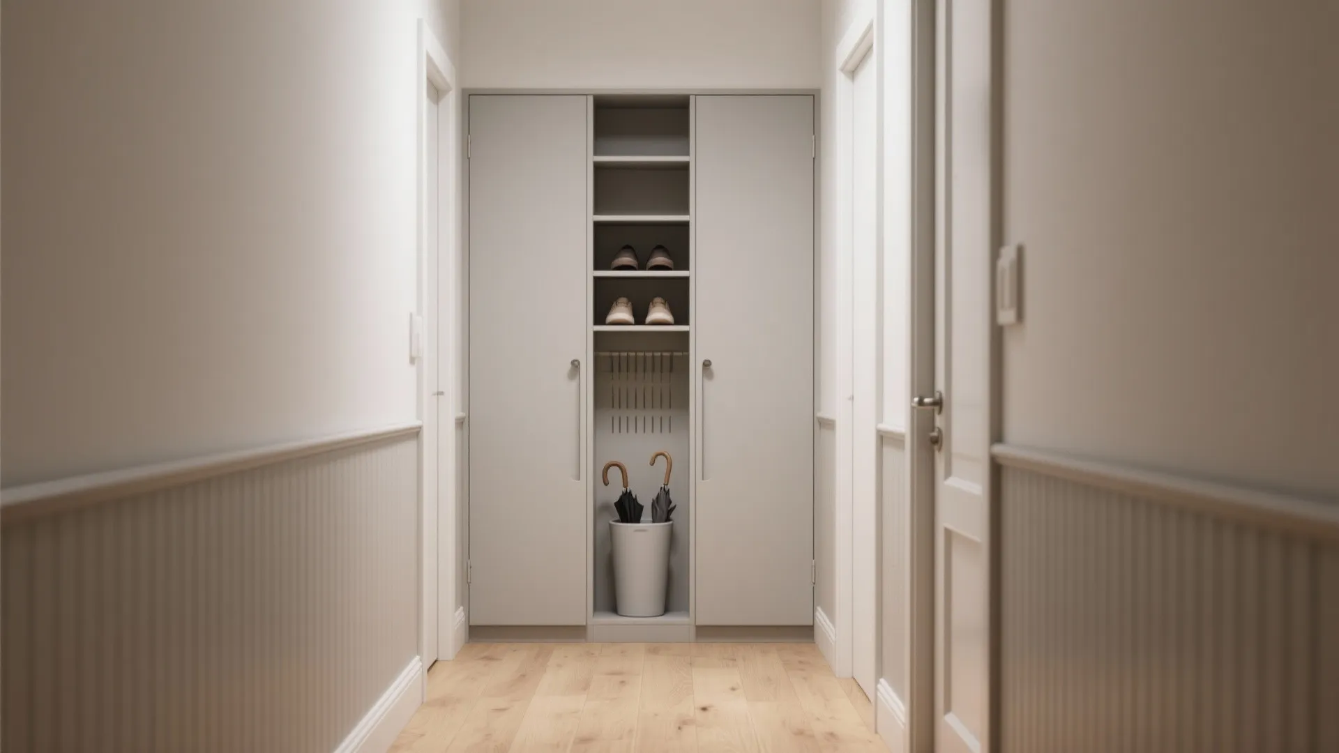 Modern hallway featuring a grey storage cabinet with shoes, umbrellas, wood flooring, and wall panel