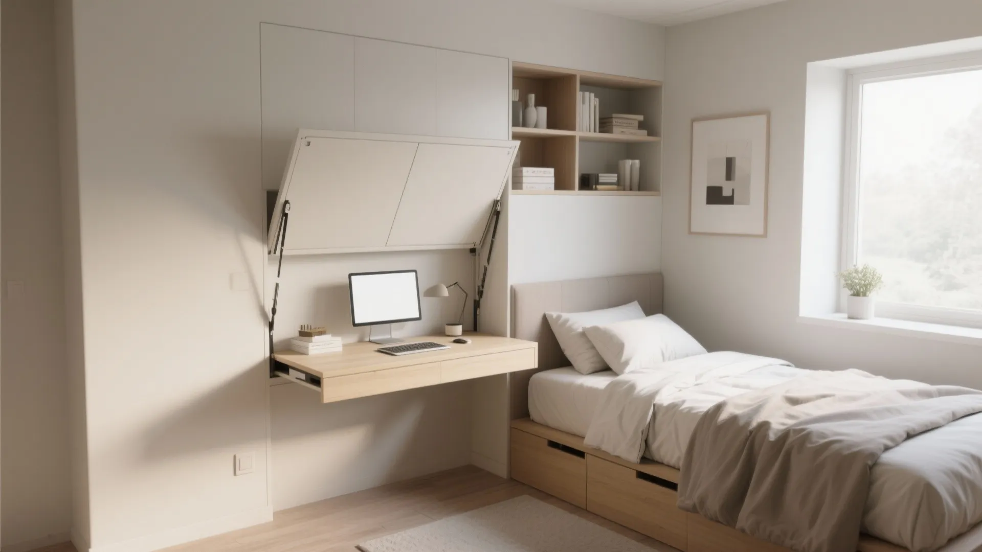 Compact fold-down desk in bedroom corner
