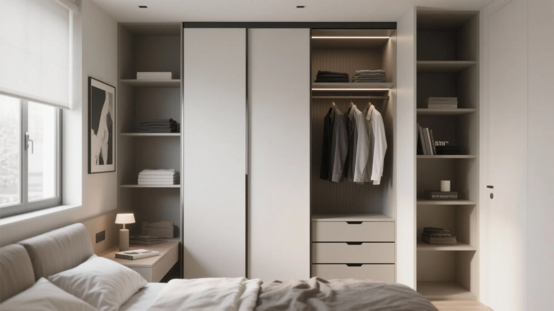 Built in bedroom cabinet system with sliding doors open shelves hanging clothes and small drawers