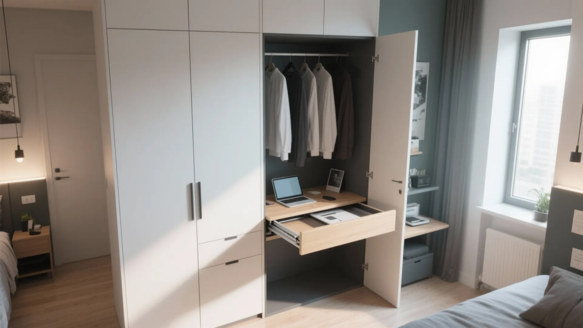 White cabinet with a hidden pull-out desk showing a laptop inside a modern bedroom interior