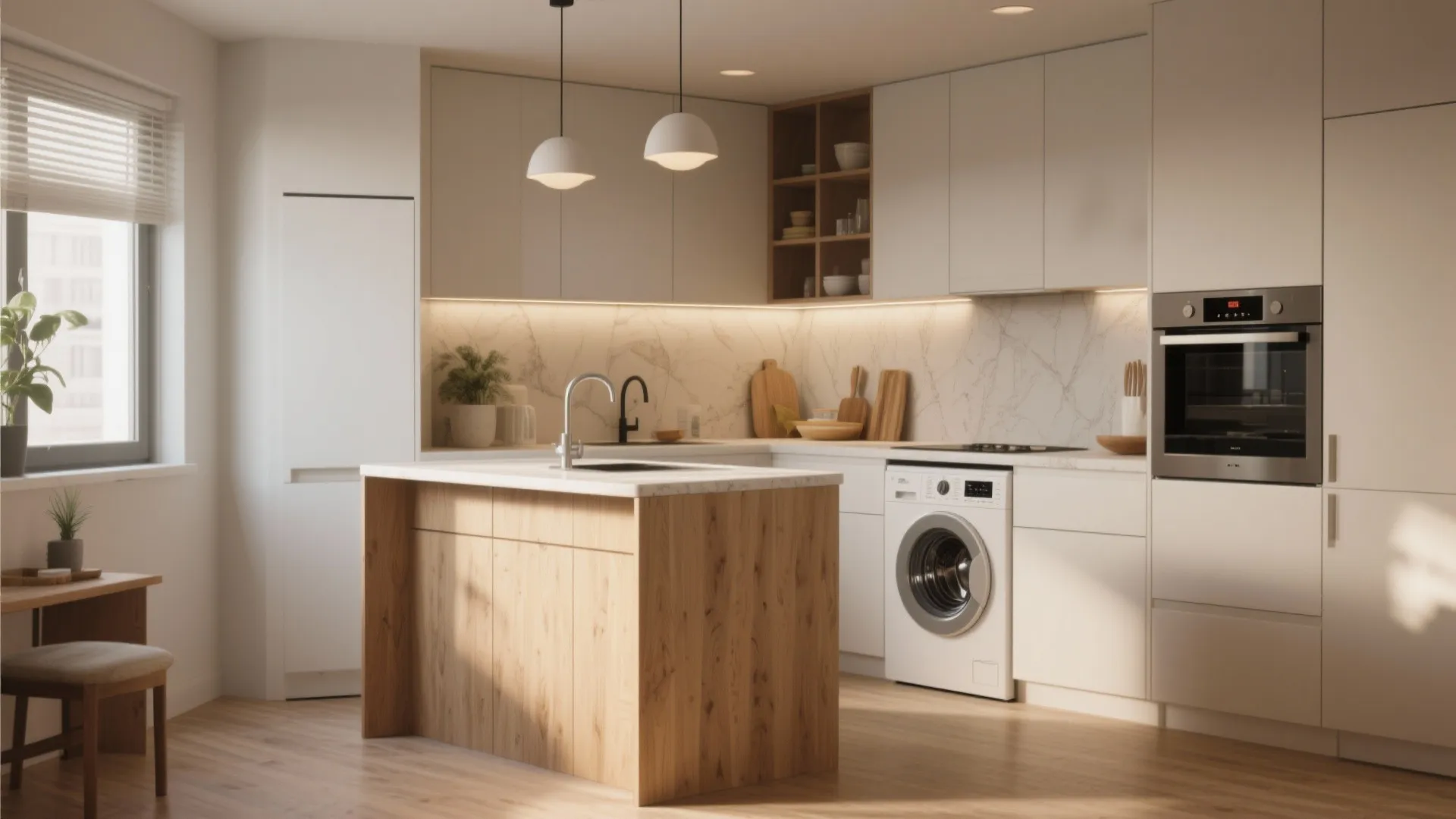 Modern white kitchen with marble backsplash wooden island and a washing machine under the counter