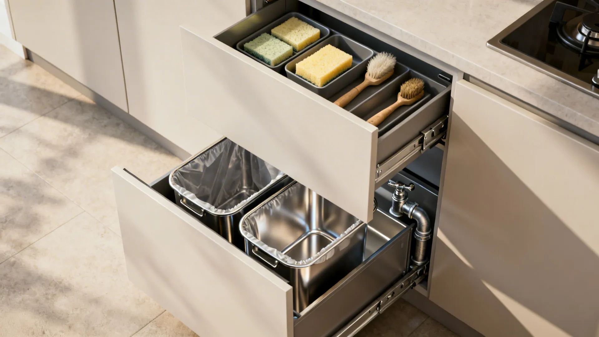 Pull-out tandem drawer with stainless waste bins and a shallow top drawer for cleaning tools.