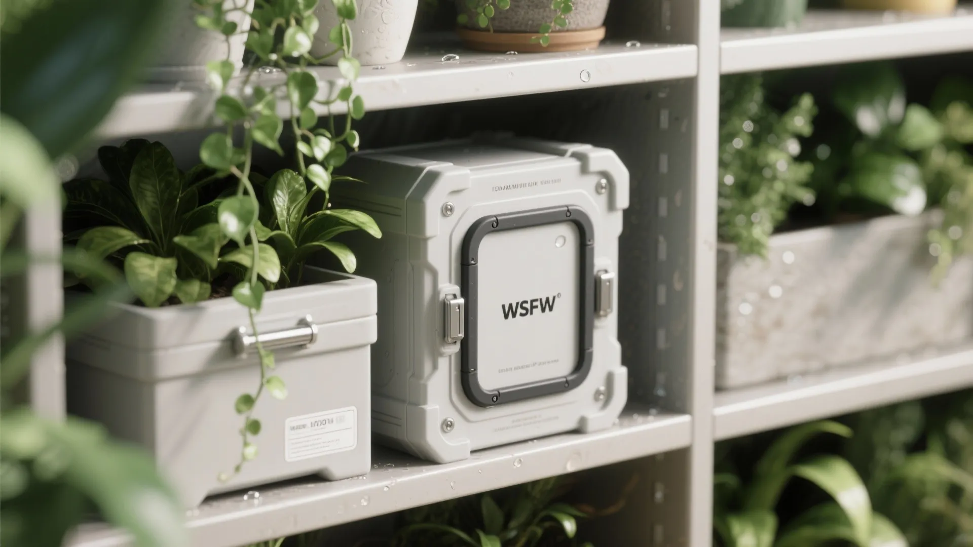 Weatherproof boxes and modular shelving (hidden under greens)