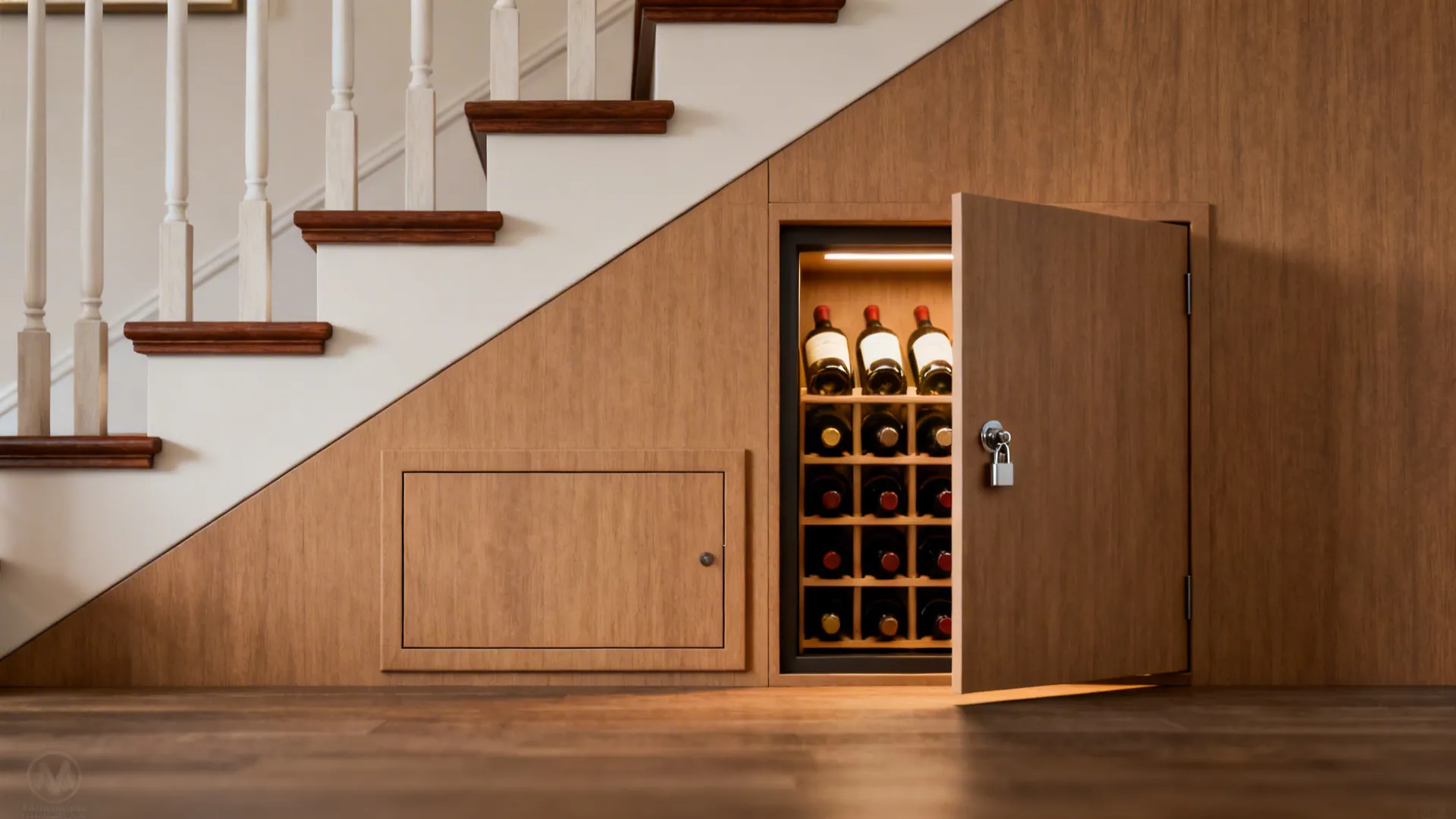 Wooden wine rack under stairs with open door showing wine bottles and a small lock