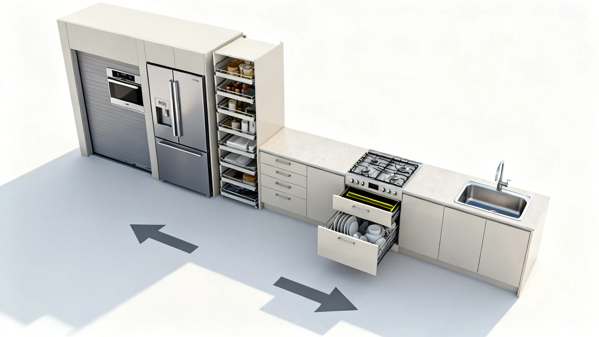 Top-down layout showing appliance garage, tall pullout, prep drawers, cooktop pullout, and dish drawers in a galley.