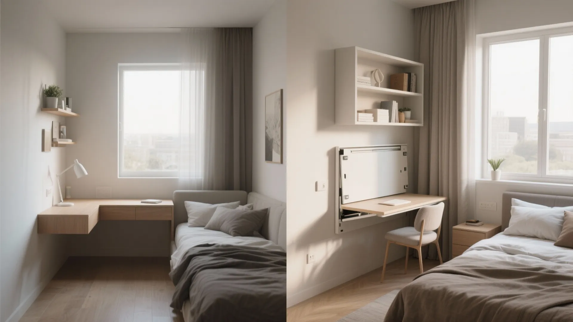 Small bedroom corner before and after adding fold-down desk