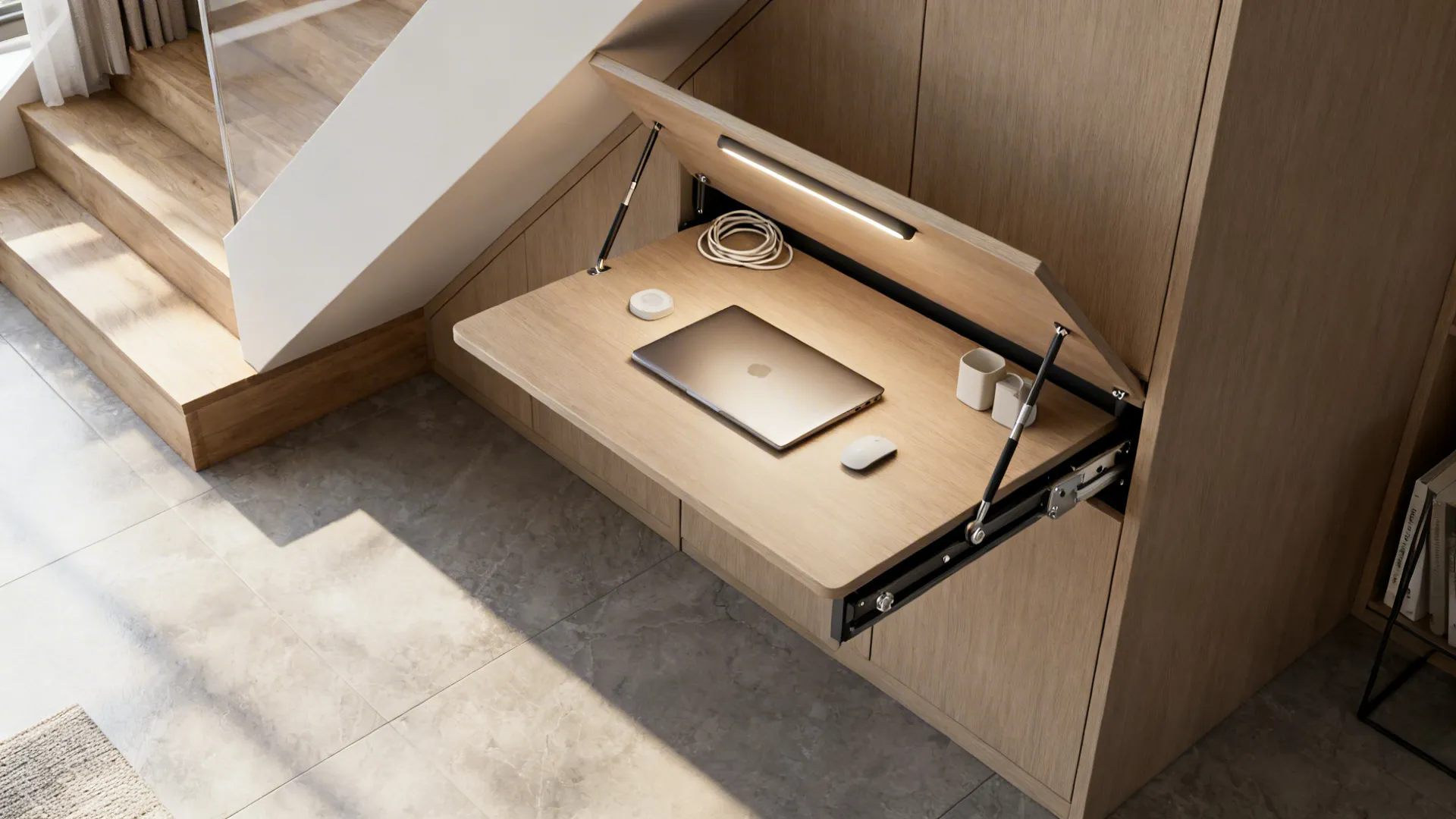Top-down view of a fold-down under‑stairs desk with integrated lighting and clean cable management.