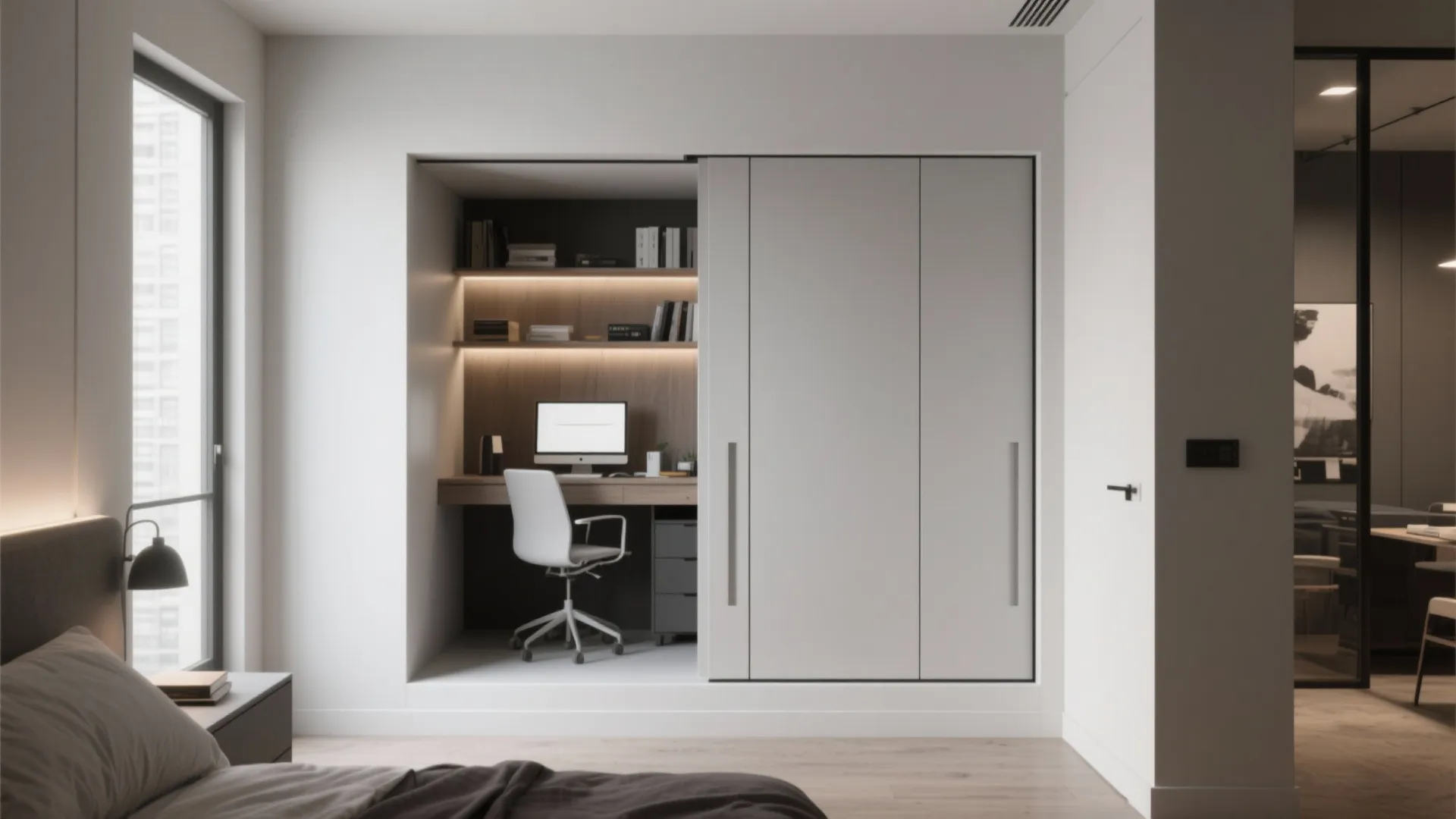 Murphy bed hiding a compact home office in recessed niche