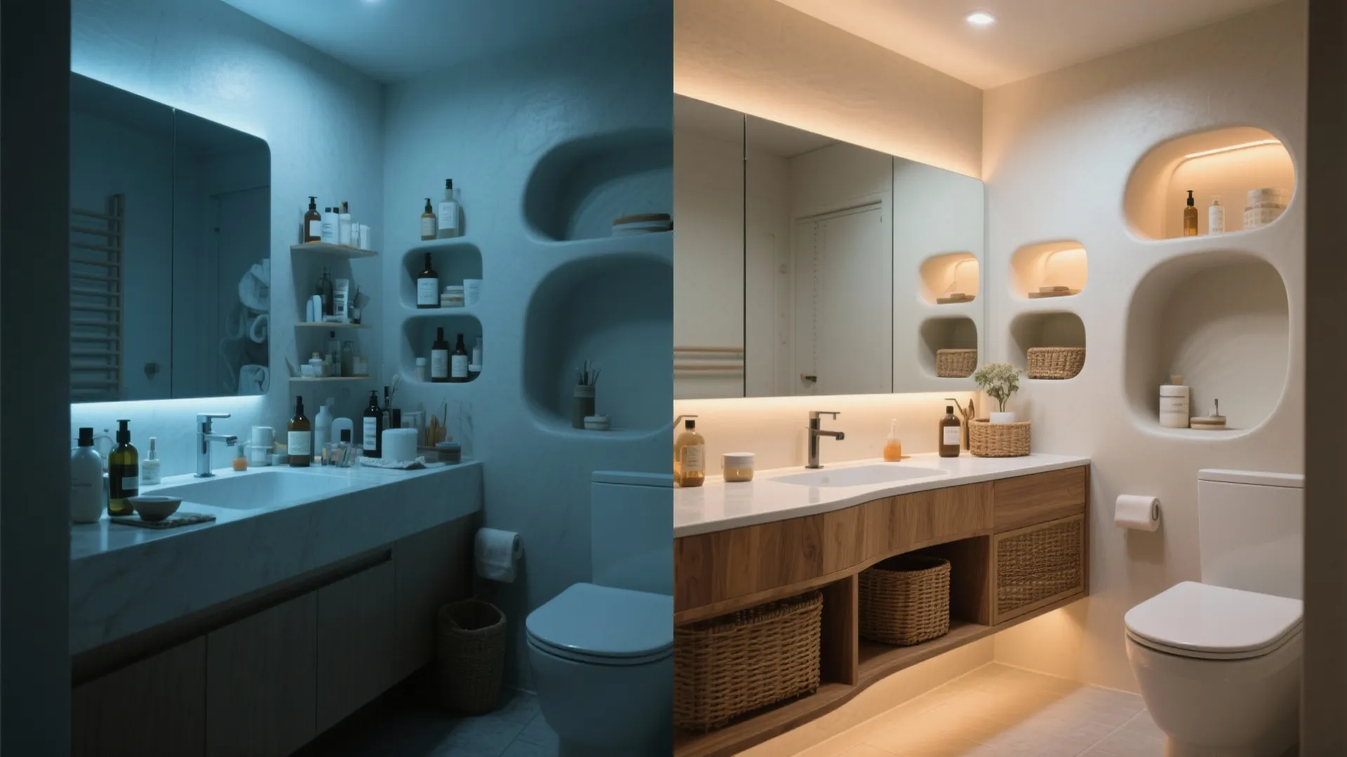 Before and after comparison of a messy dark bathroom versus a clean organized warm light bathroom