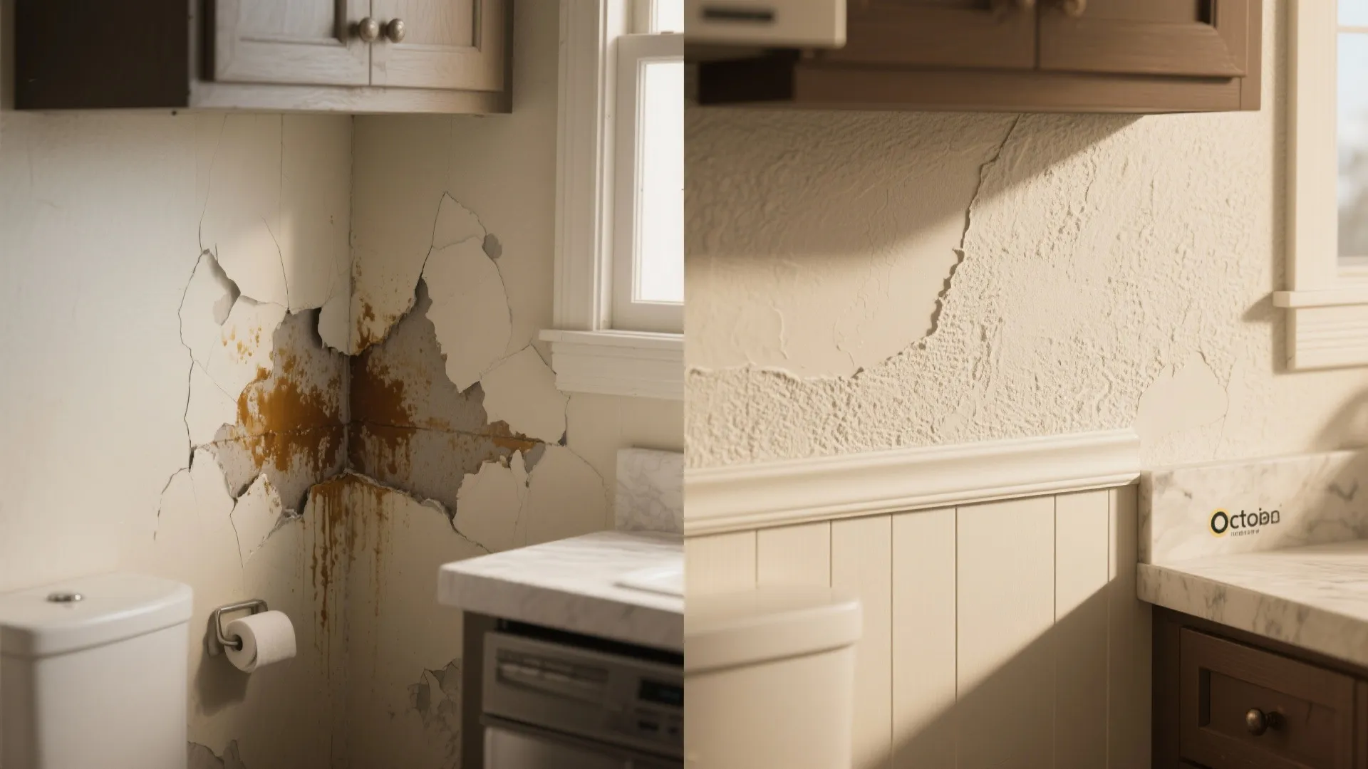 Before and after comparison of a damaged bathroom wall versus a repaired wall with white panels
