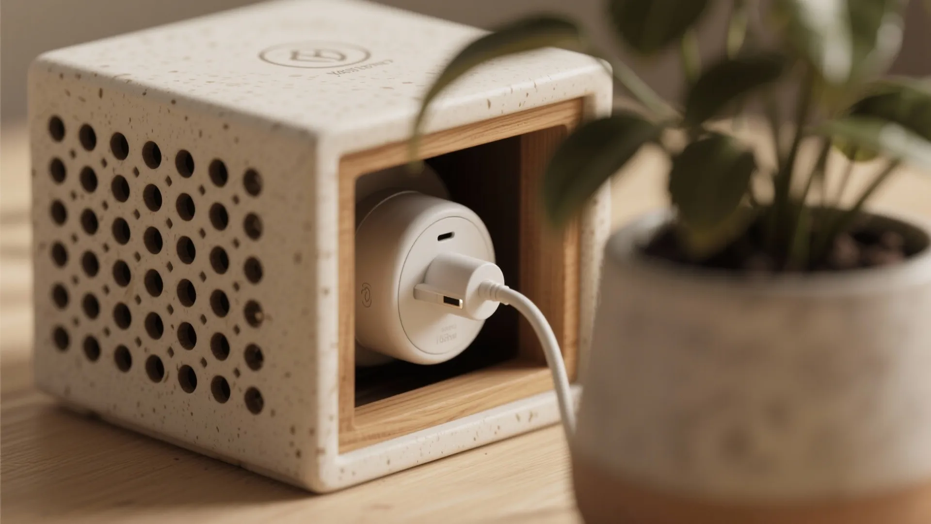 Macro view of a small fragrance diffuser hidden inside a decorative ventilated box behind a potted plant.
