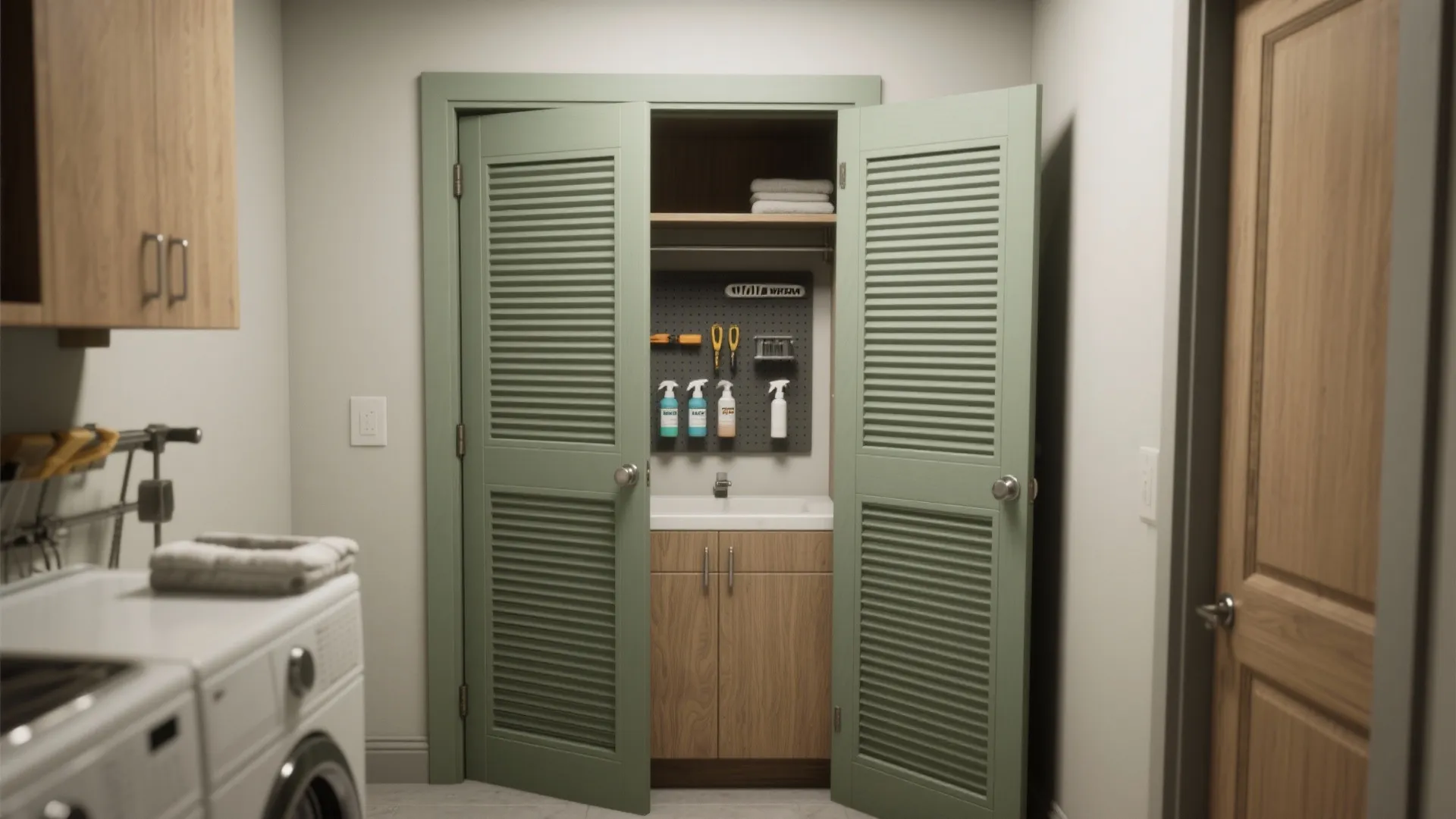 Laundry room closet with green folding doors open to reveal cleaning supplies and small utility sink